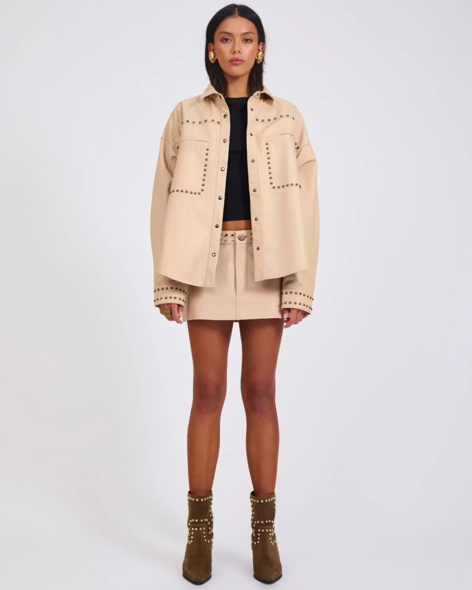 Daria Studded Leather Shacket - Tan - Image 3