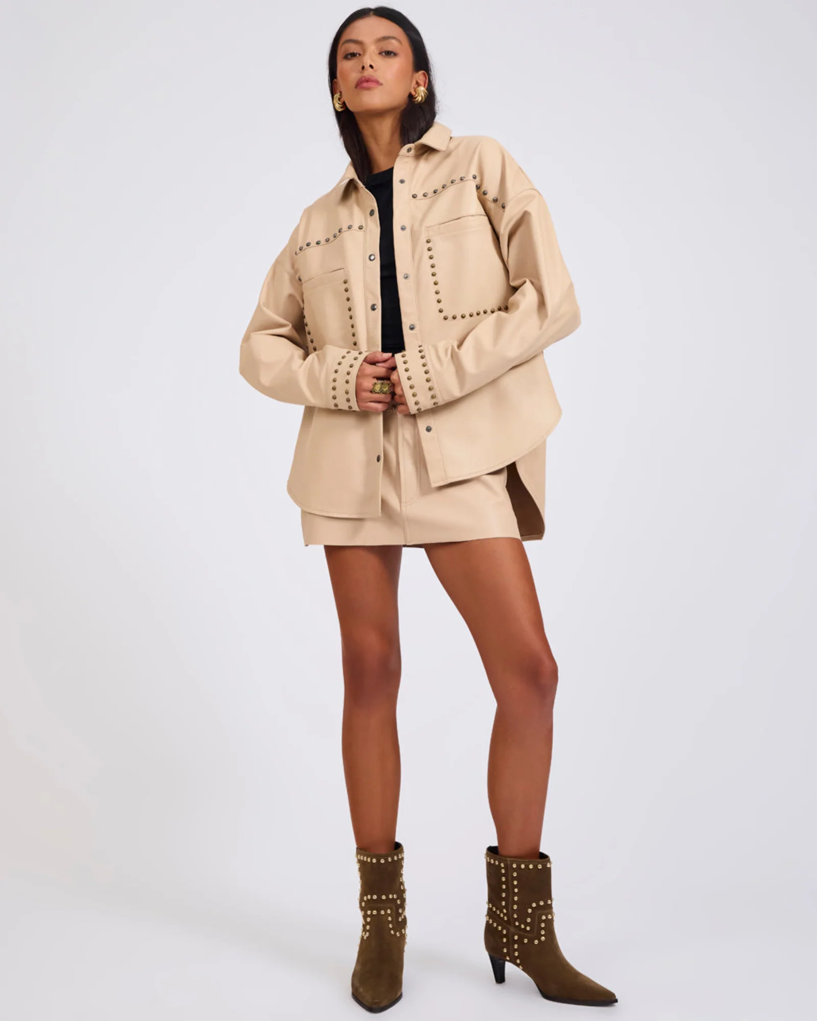 Daria Studded Leather Shacket - Tan - Image 4