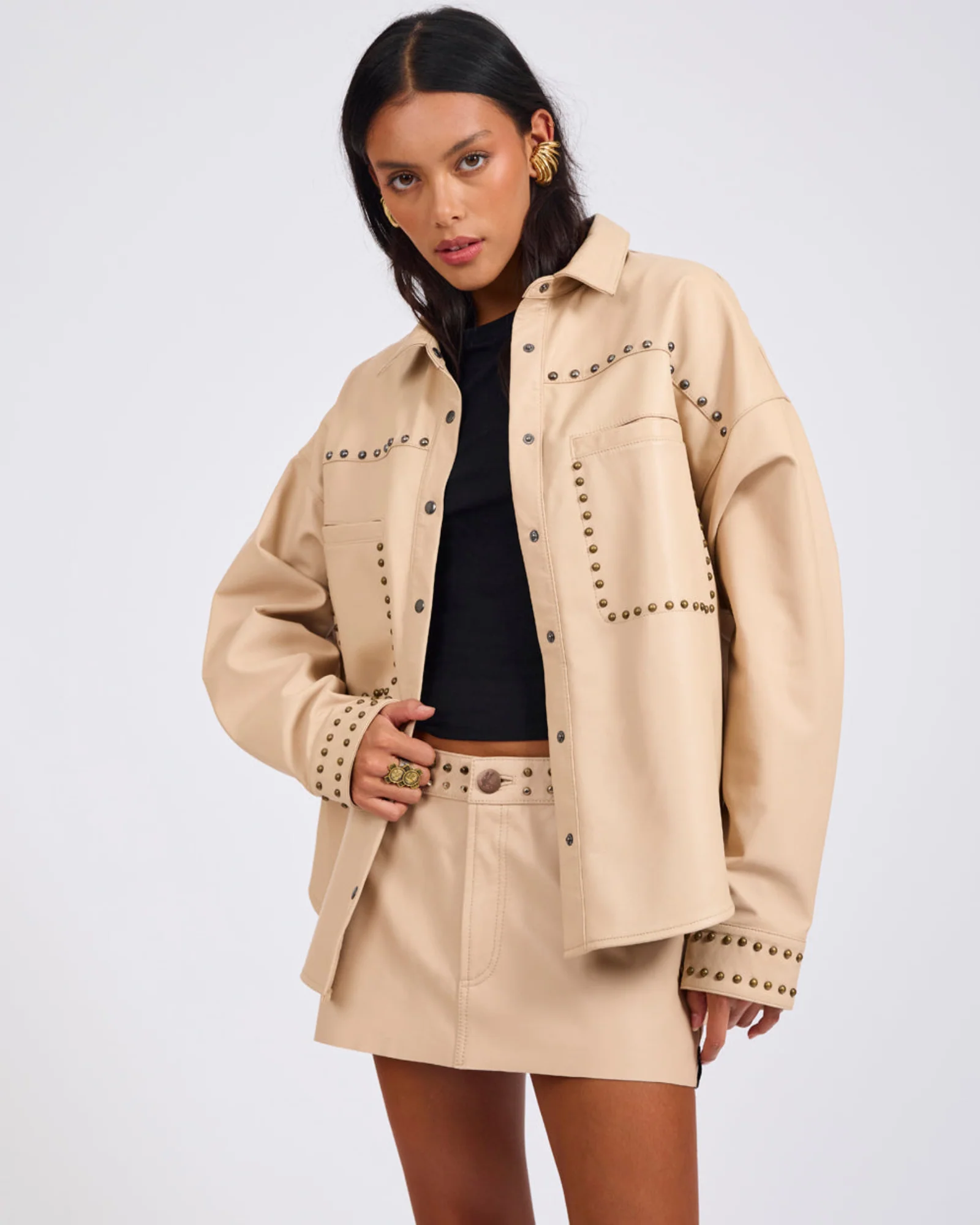 Daria Studded Leather Shacket - Tan - Image 5