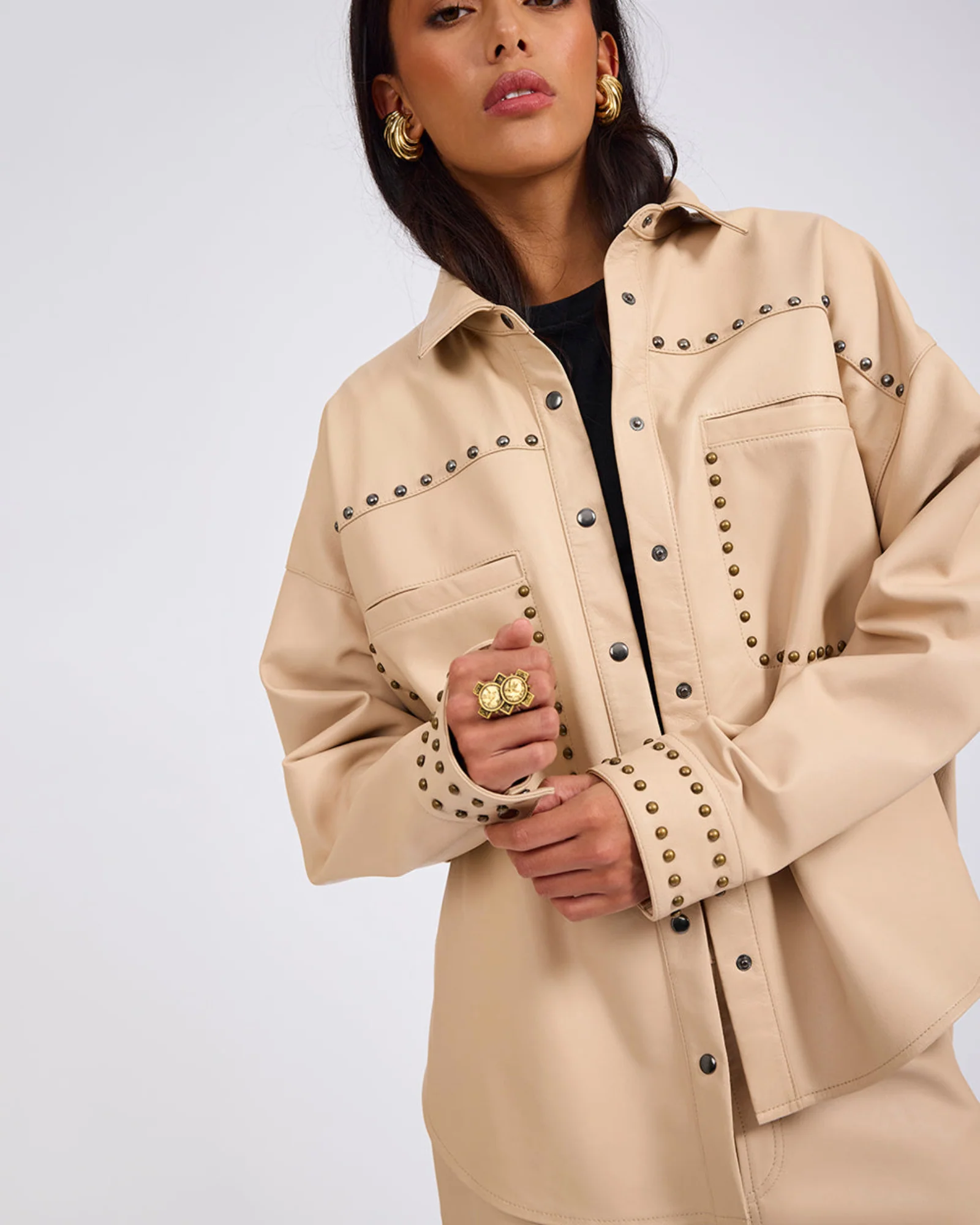 Daria Studded Leather Shacket - Tan - Image 9