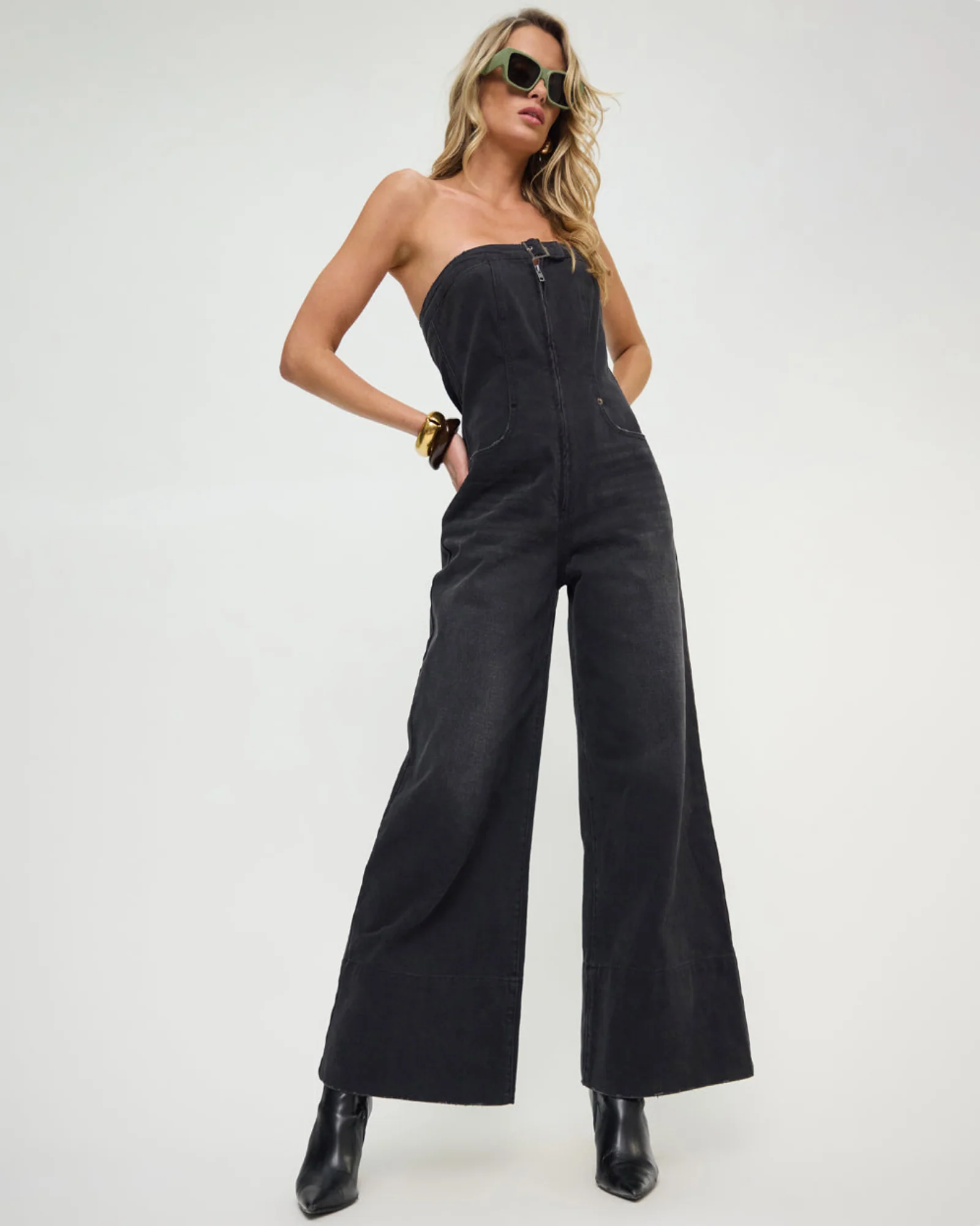 Dark Angel Strapless Wide Leg Denim Jumpsuit - Smokey Black - Image 10