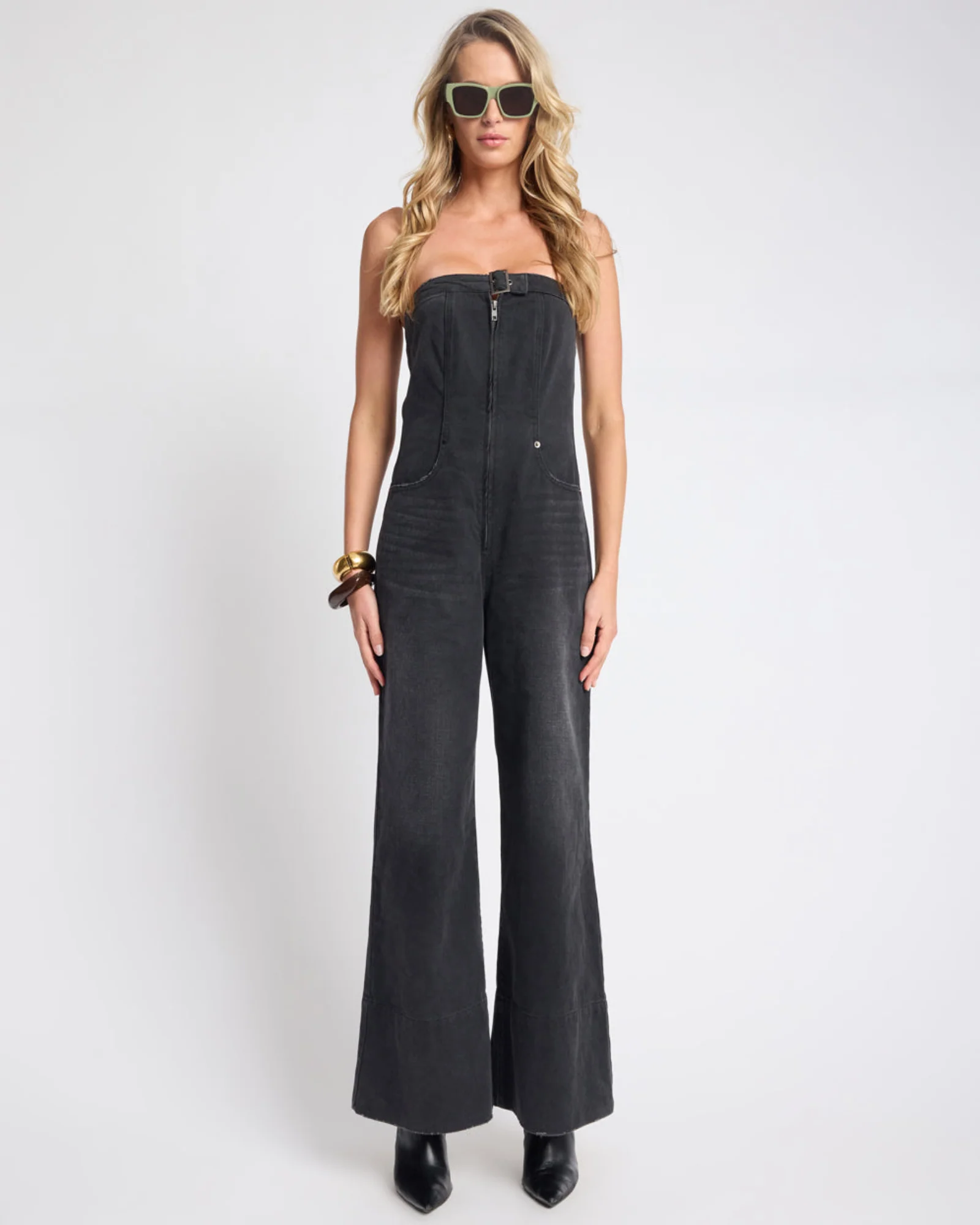 Dark Angel Strapless Wide Leg Denim Jumpsuit - Smokey Black - Image 2