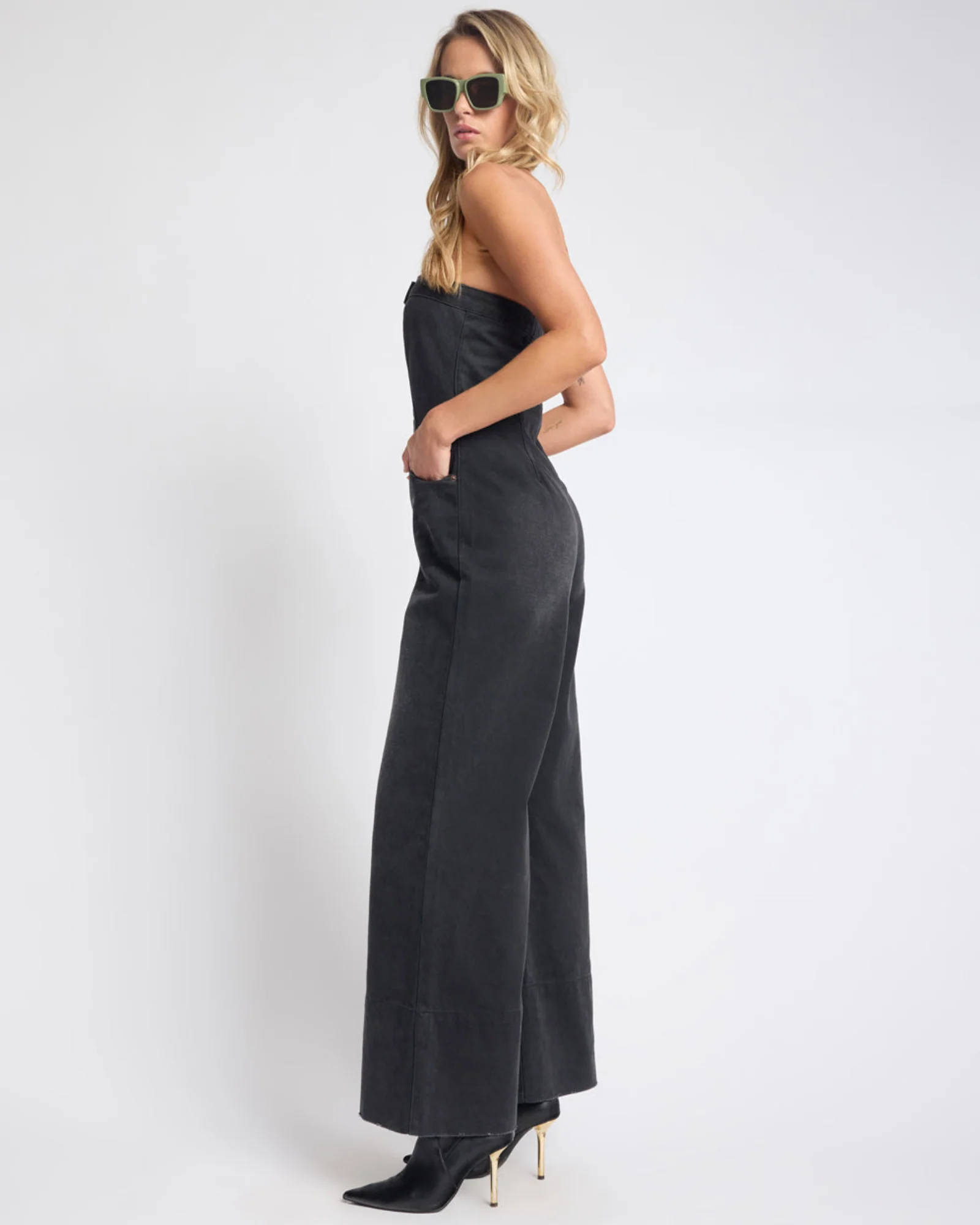 Dark Angel Strapless Wide Leg Denim Jumpsuit - Smokey Black - Image 4