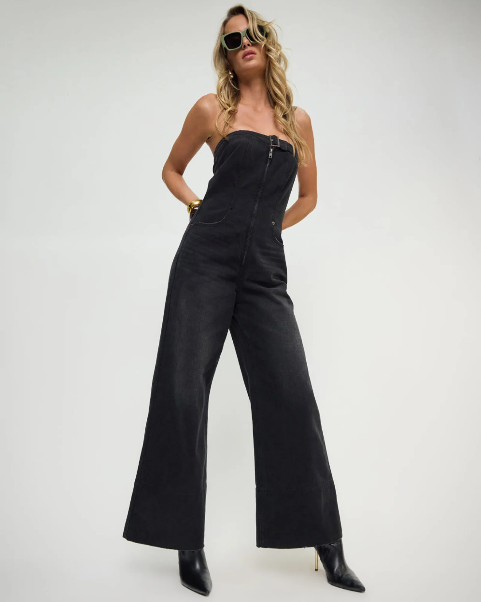 Dark Angel Strapless Wide Leg Denim Jumpsuit - Smokey Black - Image 9
