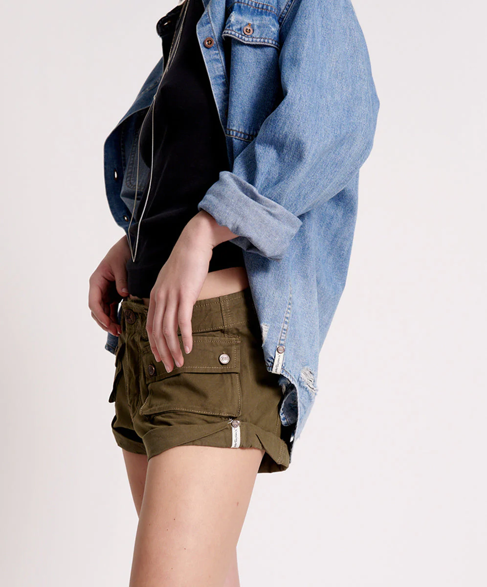 Cadet Bandits Low Waist Denim Shorts - Dark Khaki - Image 3