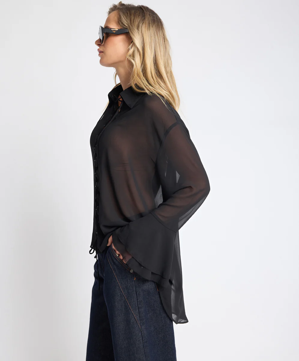 Dark Muse Sheer Lace Up Shirt - Black - Image 4