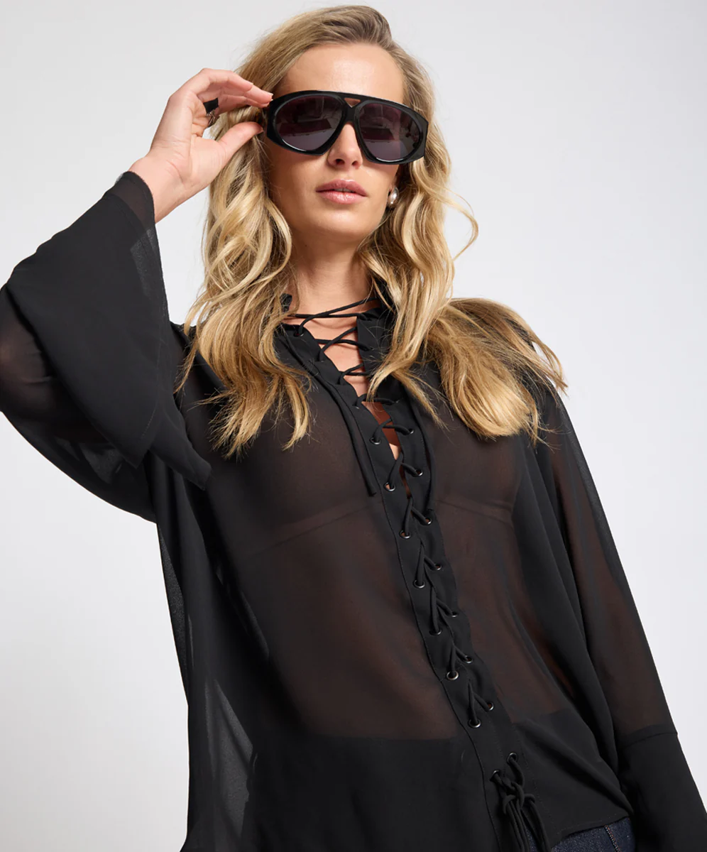 Dark Muse Sheer Lace Up Shirt - Black - Image 8
