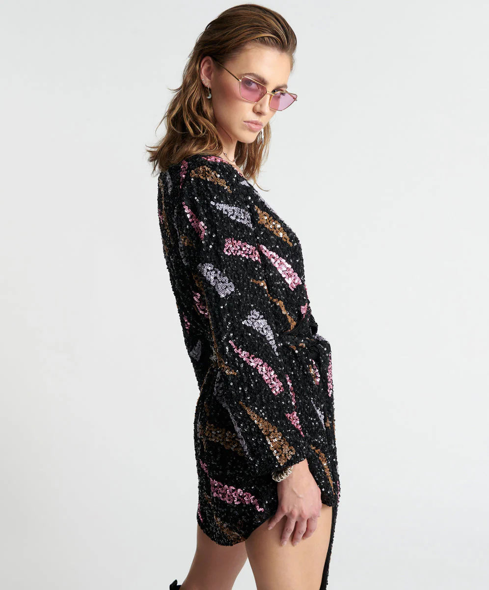 Delusion Hand Beaded Wrap Mini Dress - Black - Image 4