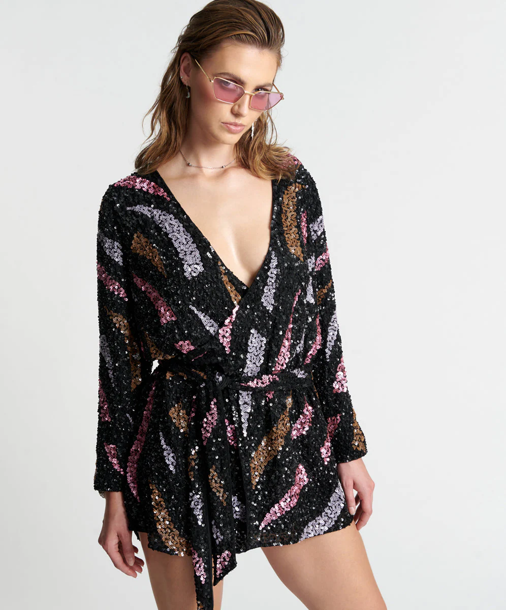 Delusion Hand Beaded Wrap Mini Dress - Black - Image 5