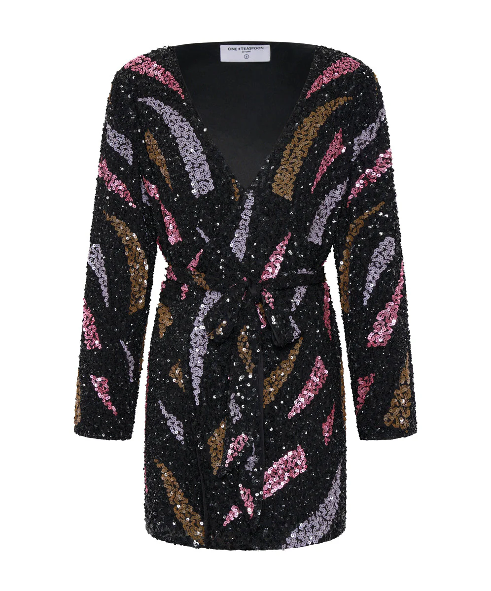 Delusion Hand Beaded Wrap Mini Dress - Black - Image 6