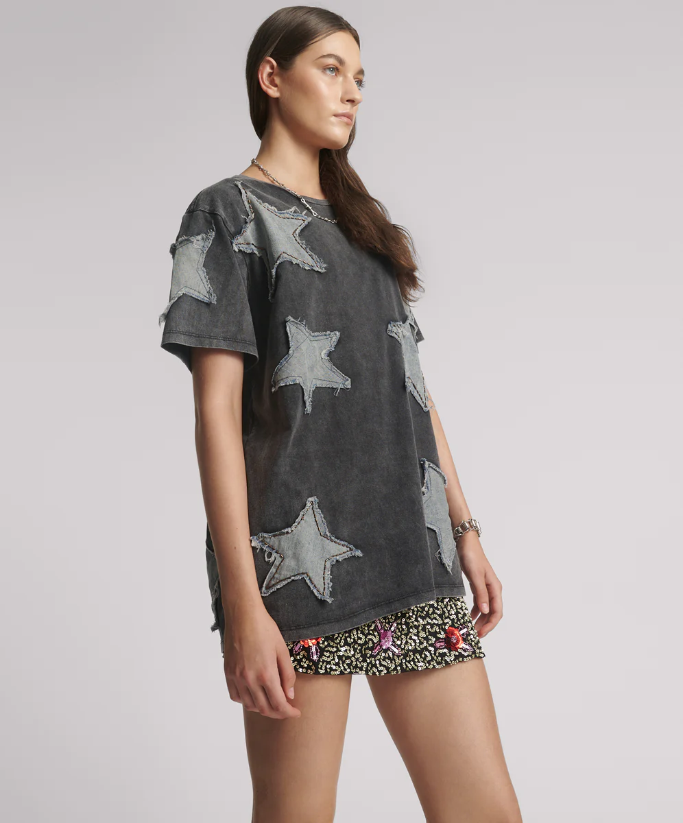 Denim Star Hand Embellished Boyfriend Tee - Charcoal - Image 4