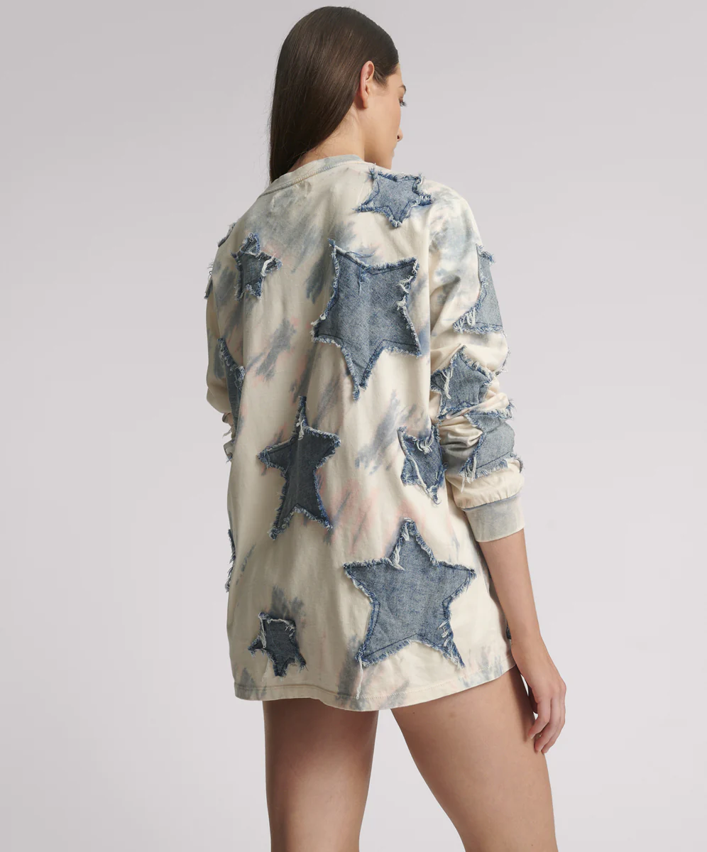 Denim Star Tie Dye Boyfriend Longsleeve Tee - Cream - Image 4