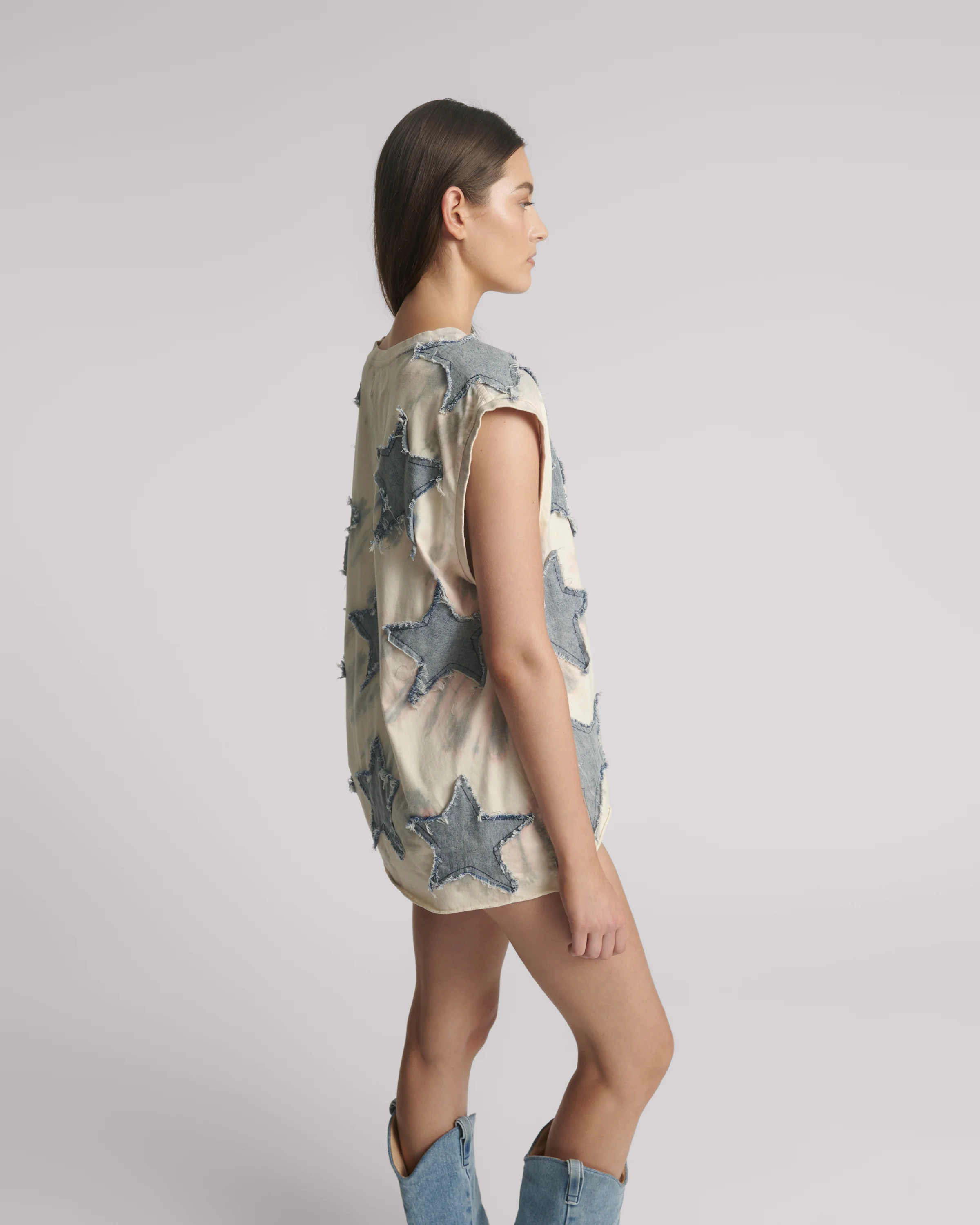 Denim Star Tie Dye Oversized Tank Top - Ivory / Blue - Image 4