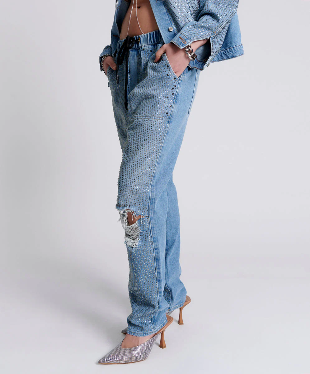 Shabbies Low Waist Drawstring Boyfriend Denim Jeans - Vintage Blue - Image 3