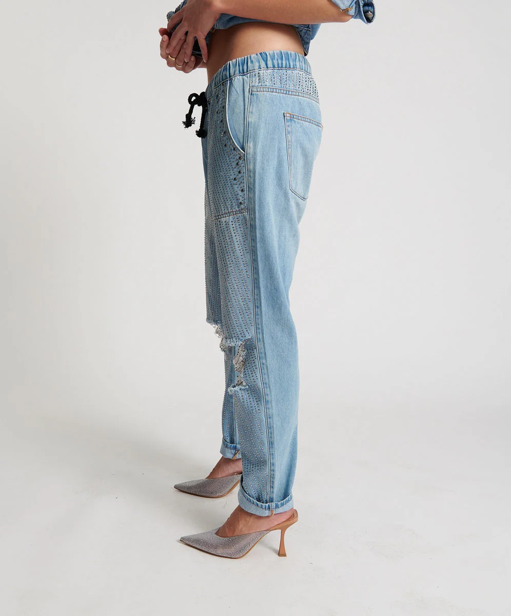 Shabbies Low Waist Drawstring Boyfriend Denim Jeans - Vintage Blue - Image 4