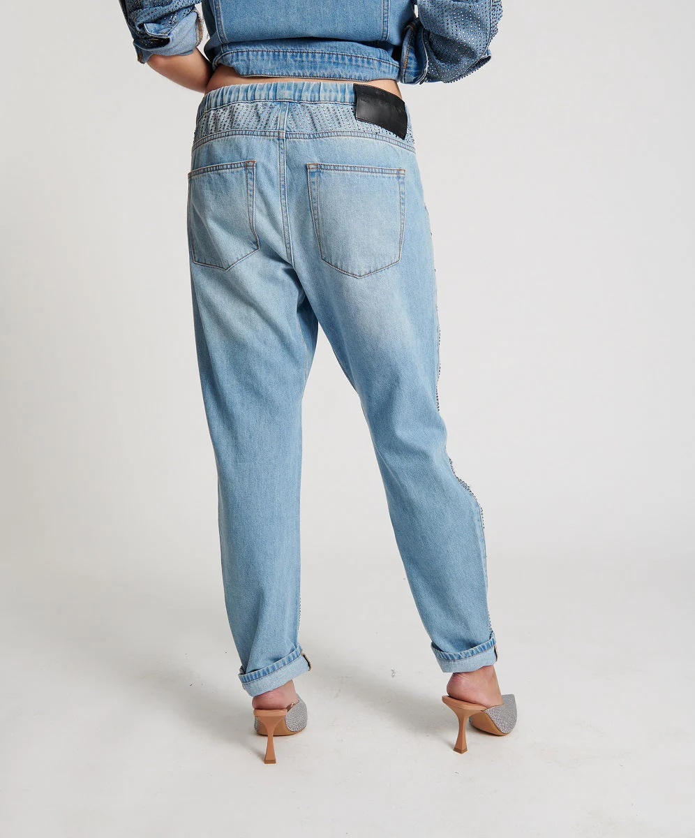 Shabbies Low Waist Drawstring Boyfriend Denim Jeans - Vintage Blue - Image 5