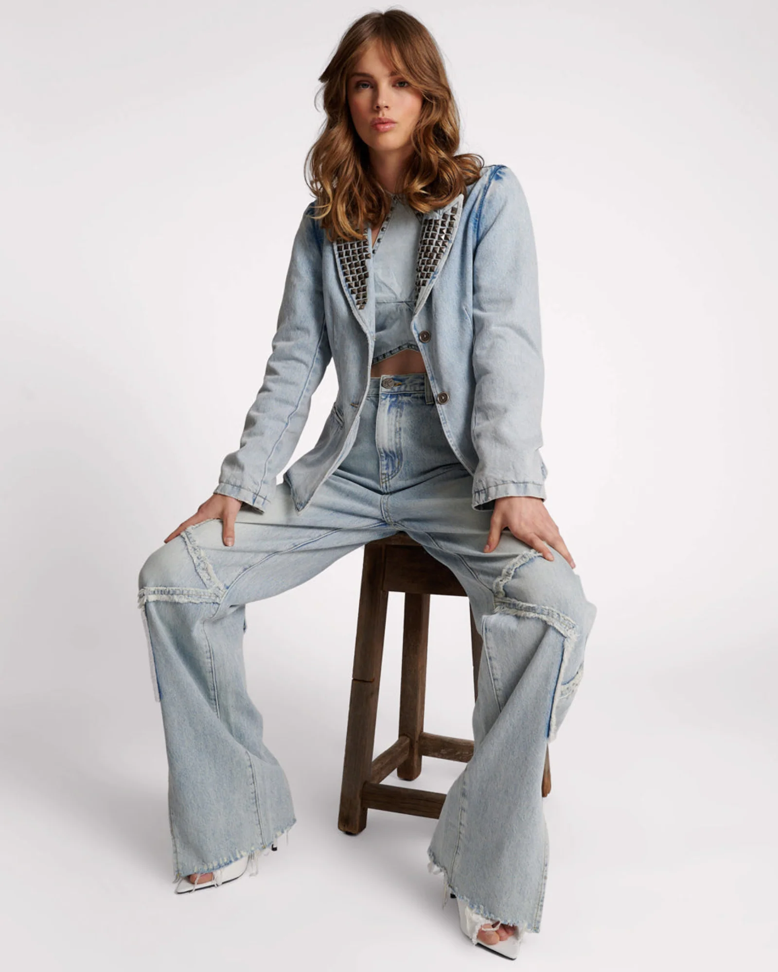 Studded Denim Blazer - Diamonde - Image 7