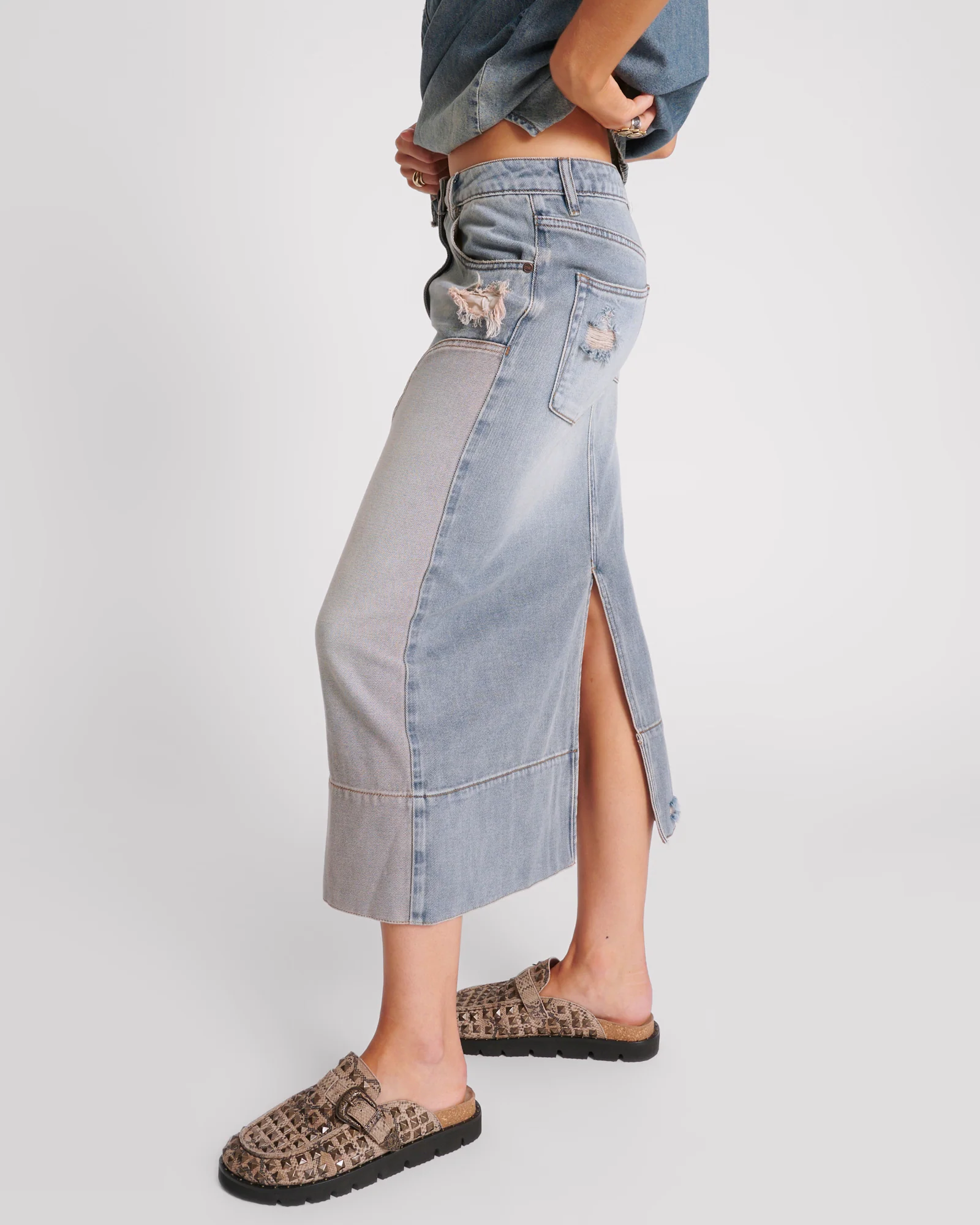 Cassidy Mid Waist Long Denim Column Denim Skirt - Dirty Blue - Image 3