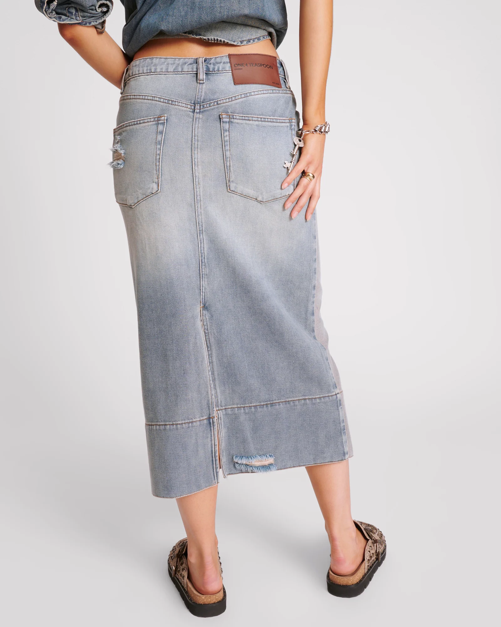 Cassidy Mid Waist Long Denim Column Denim Skirt - Dirty Blue - Image 4