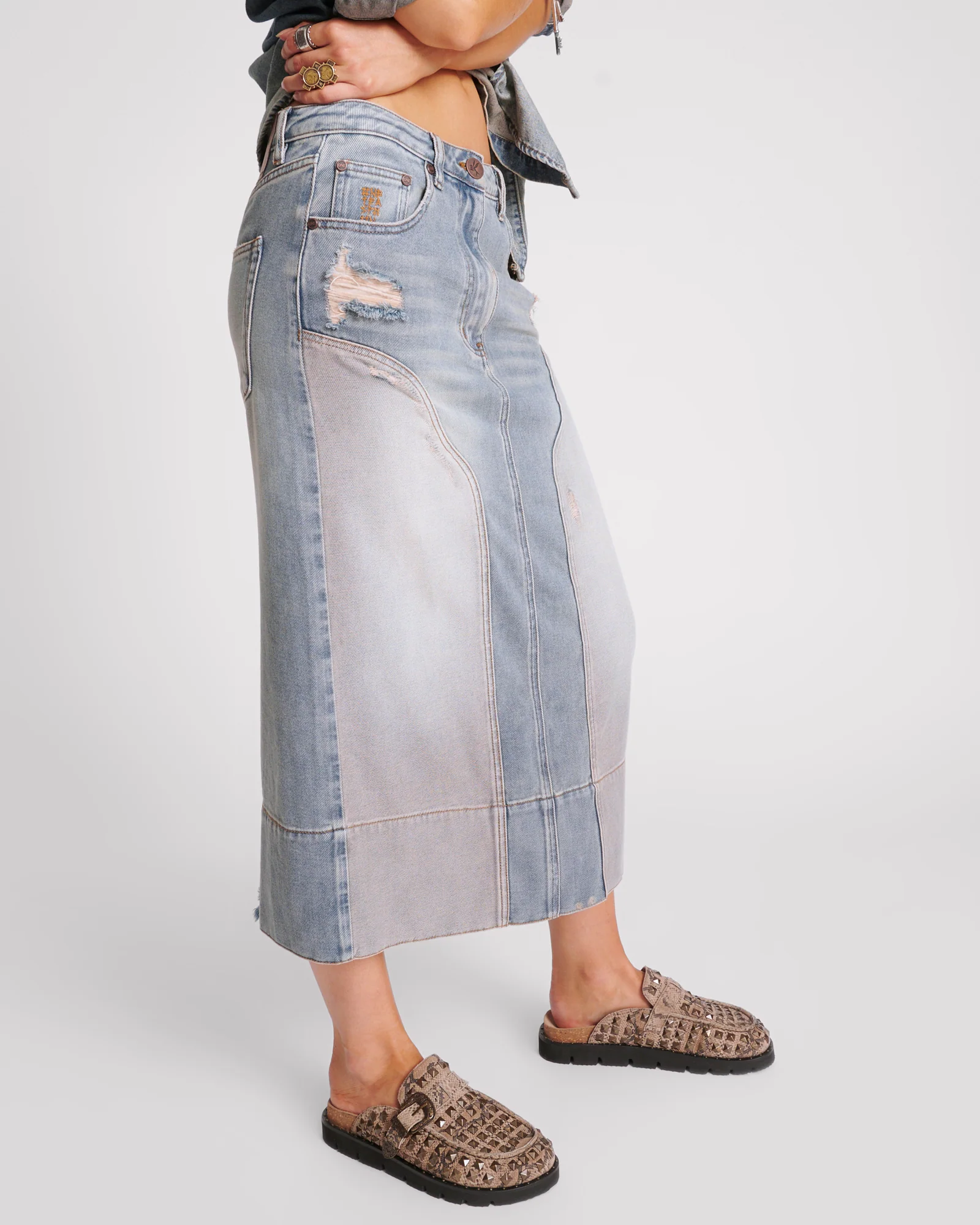 Cassidy Mid Waist Long Denim Column Denim Skirt - Dirty Blue - Image 5