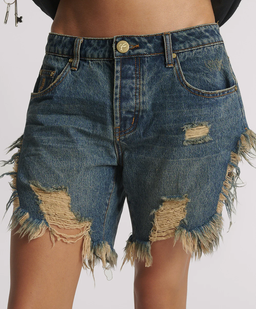Frankies Low Waist Long Length Denim Shorts - Dirty Blue Love - Image 2
