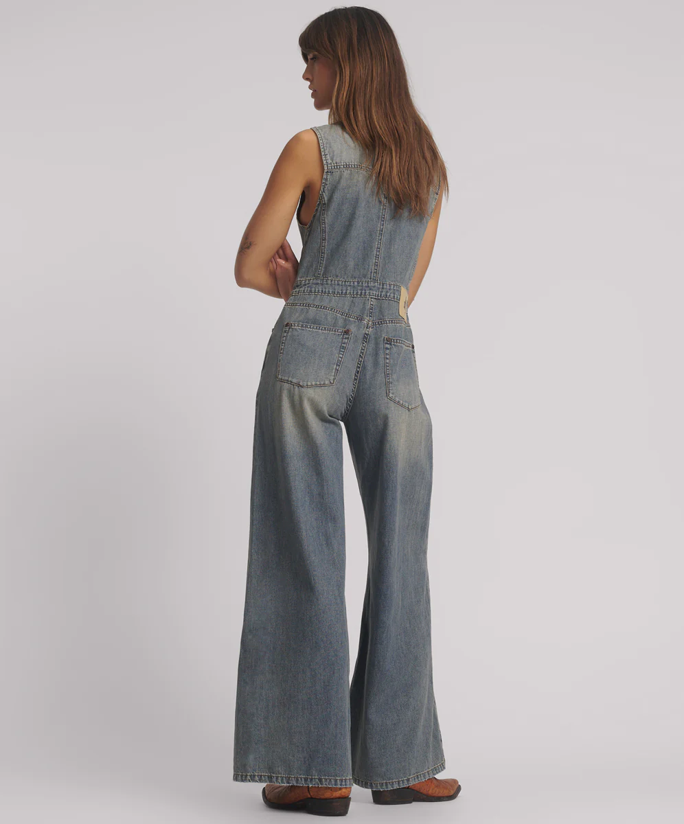 Love Machine Sleeveless Wide Leg Fitted Denim Jumpsuit - Dirty Blue Love - Image 3