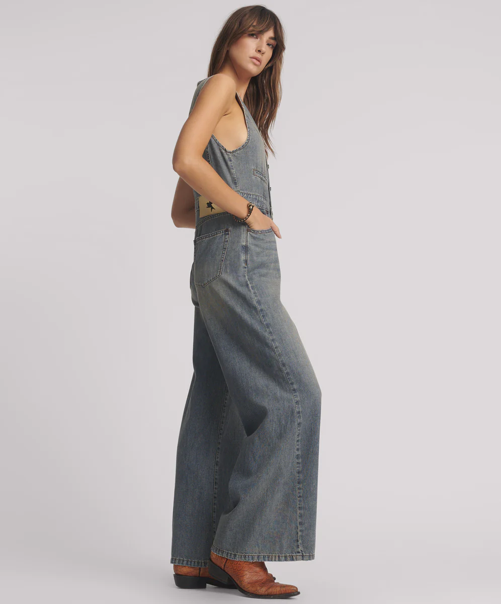 Love Machine Sleeveless Wide Leg Fitted Denim Jumpsuit - Dirty Blue Love - Image 4
