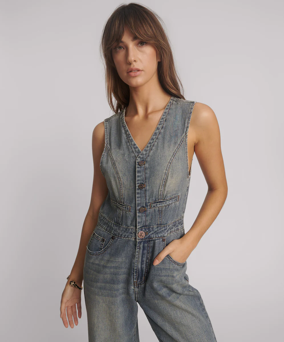 Love Machine Sleeveless Wide Leg Fitted Denim Jumpsuit - Dirty Blue Love - Image 5