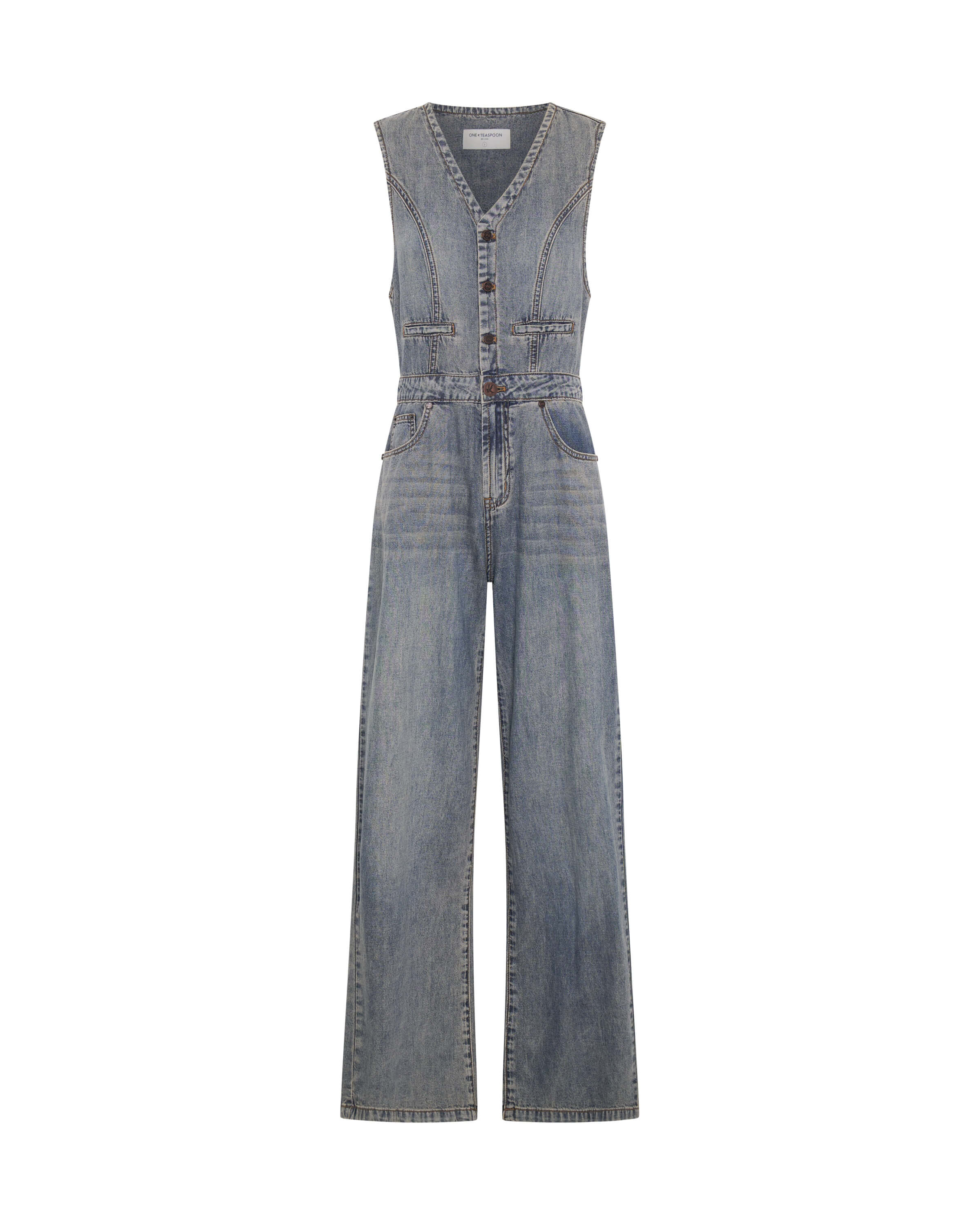 Love Machine Sleeveless Wide Leg Fitted Denim Jumpsuit - Dirty Blue Love - Image 6