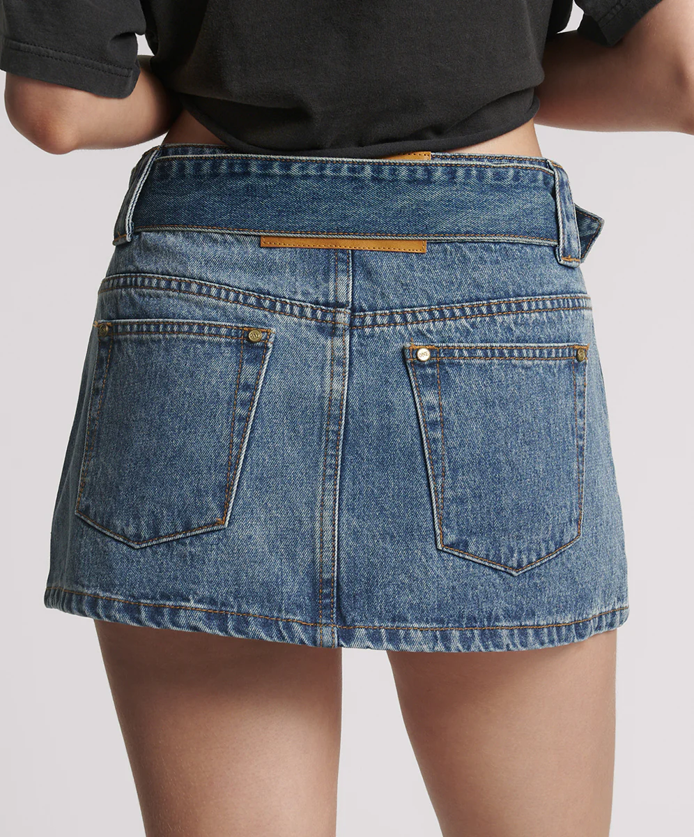 Moto Belted Zipper Mini Denim Skirt - Dirty Blue Love - Image 5