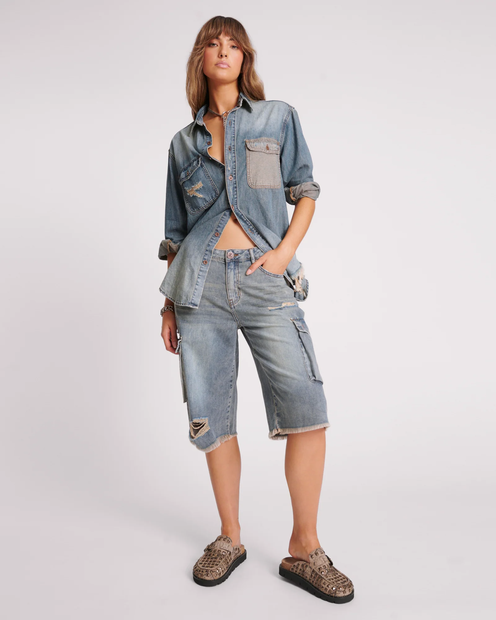 Skater Girl Low Waist Super Long Leg Denim Jorts - Dirty Blue