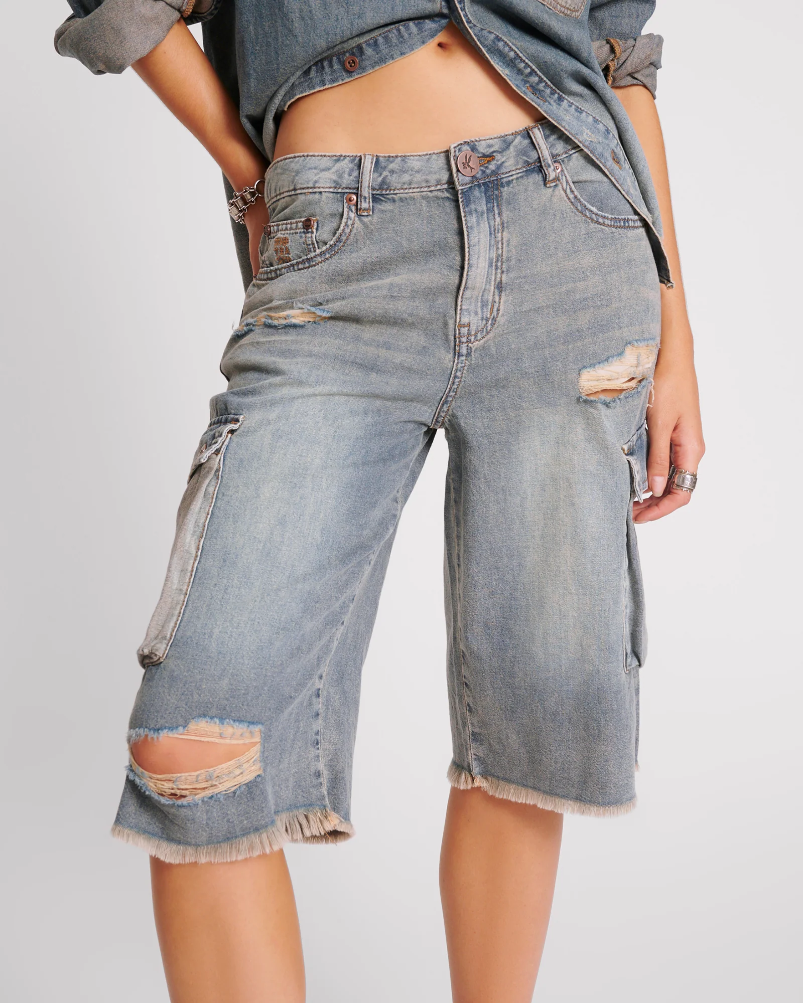 Skater Girl Low Waist Super Long Leg Denim Jorts - Dirty Blue - Image 2