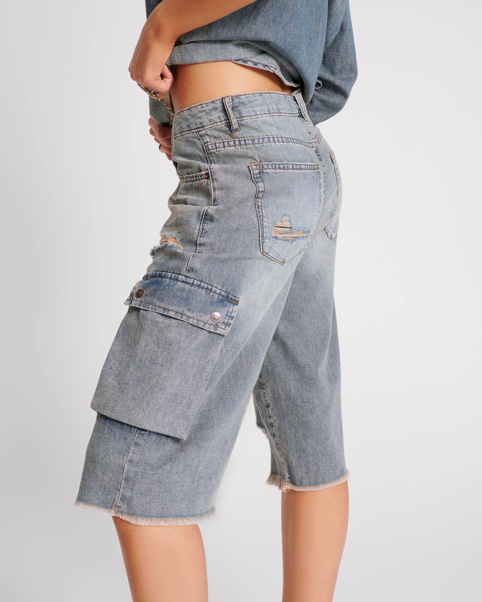 Skater Girl Low Waist Super Long Leg Denim Jorts - Dirty Blue - Image 3