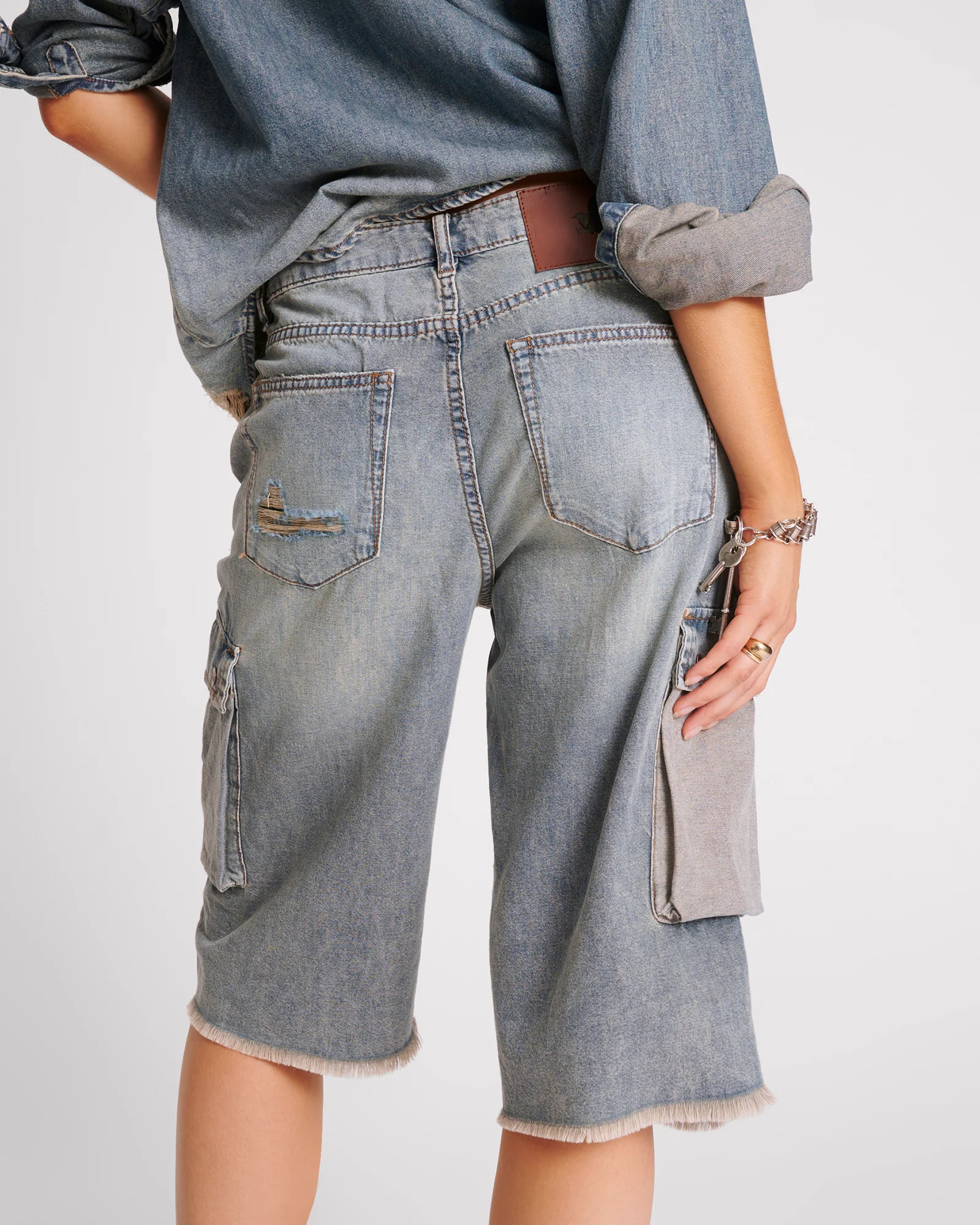 Skater Girl Low Waist Super Long Leg Denim Jorts - Dirty Blue - Image 4