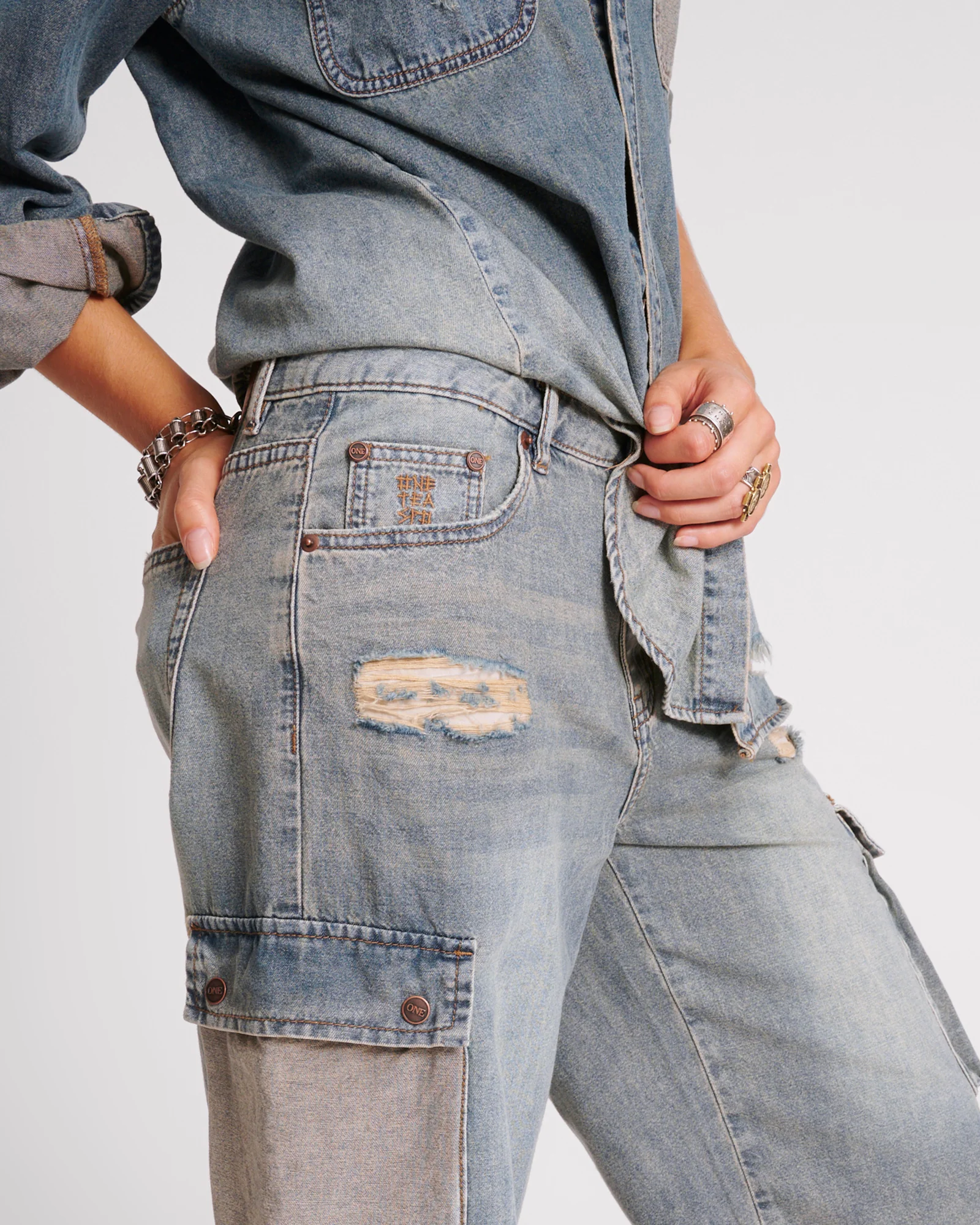 Skater Girl Low Waist Super Long Leg Denim Jorts - Dirty Blue - Image 5