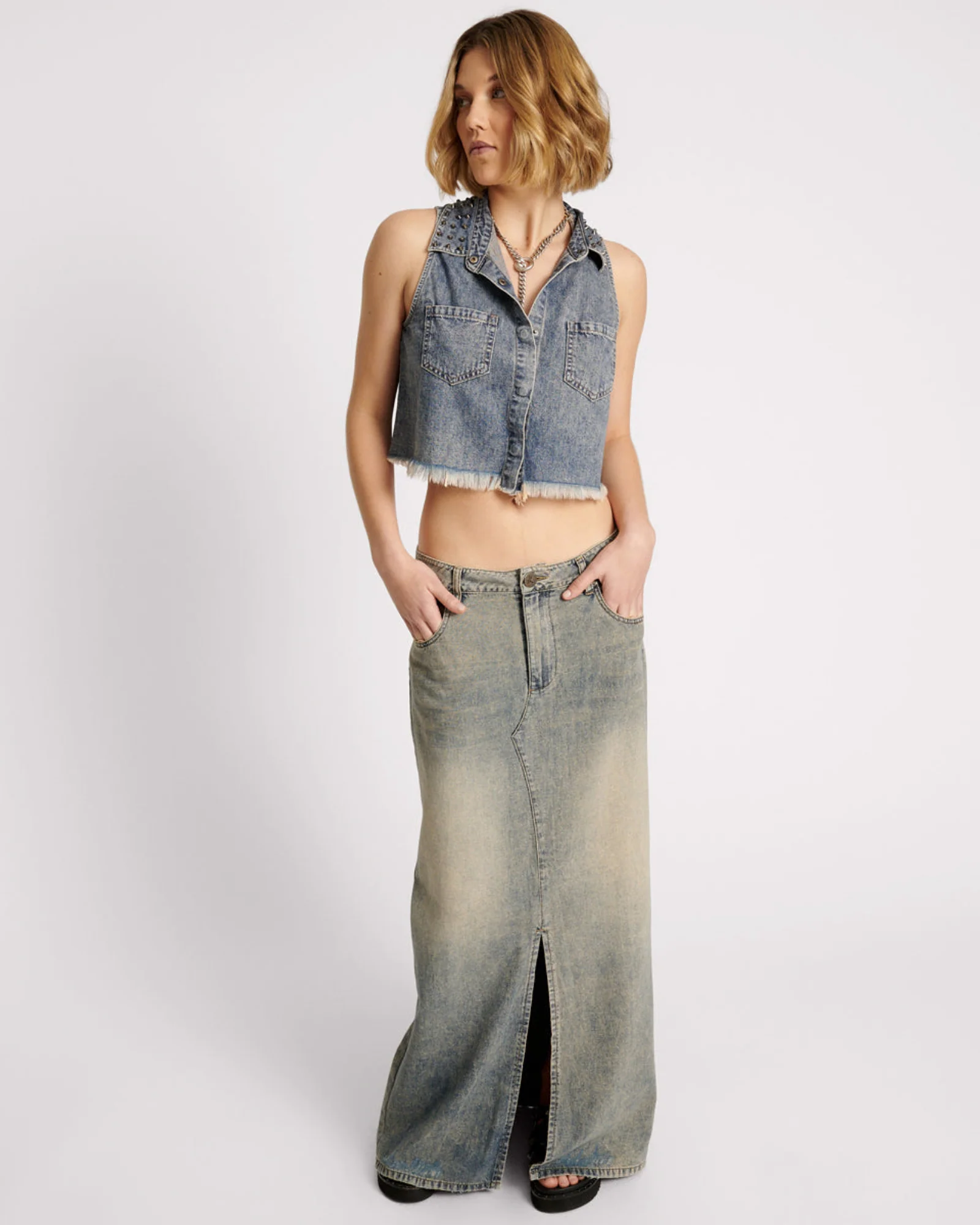 Braxton Studded Denim Top - Dirty Blue - Image 2