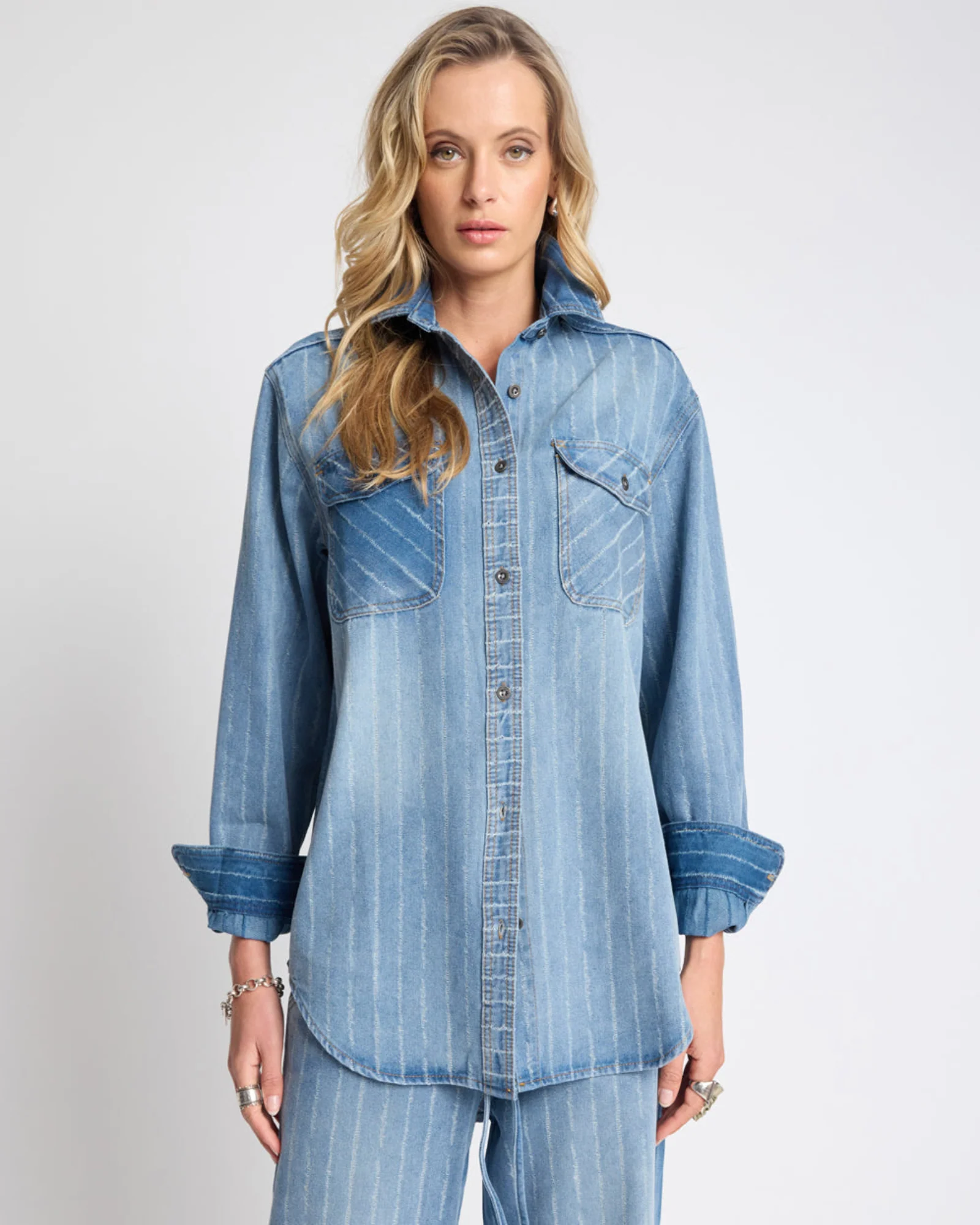 Distressed Everyday Denim Shirt -  Blue Stripe - Image 2