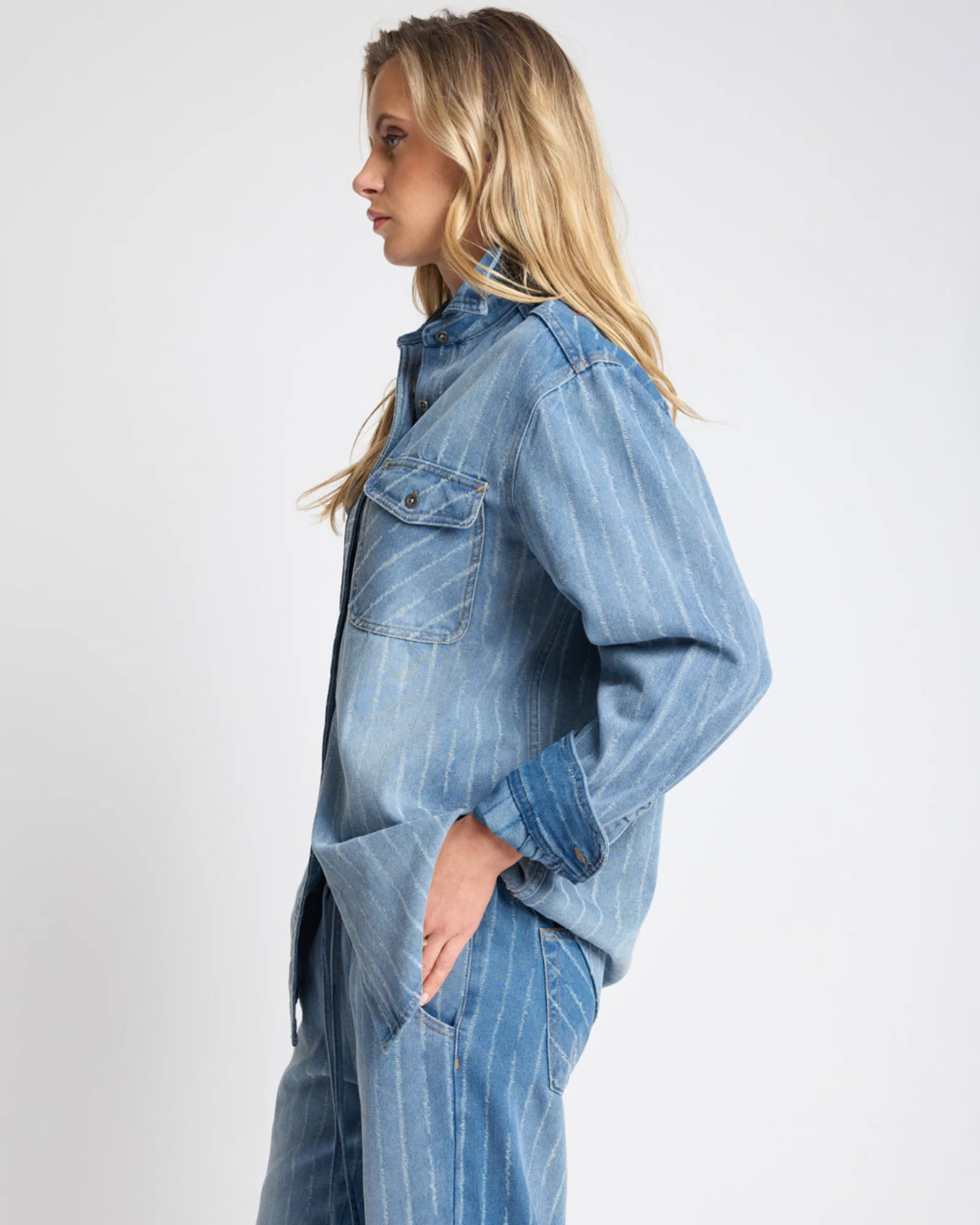 Distressed Everyday Denim Shirt -  Blue Stripe - Image 3