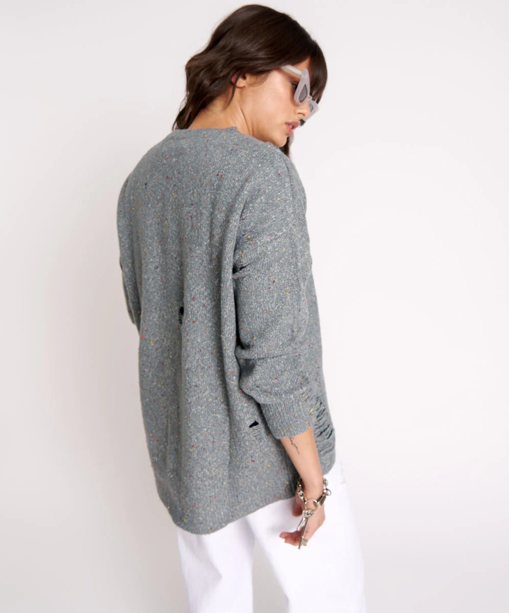 Distressed Fisherman Knit Sweater - Grey - Image 3