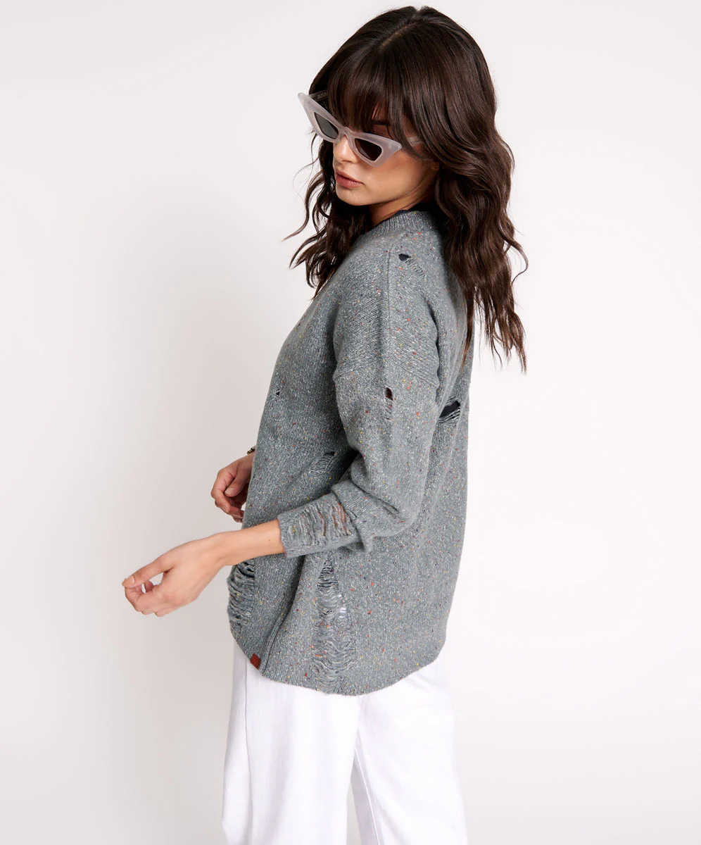Distressed Fisherman Knit Sweater - Grey - Image 5