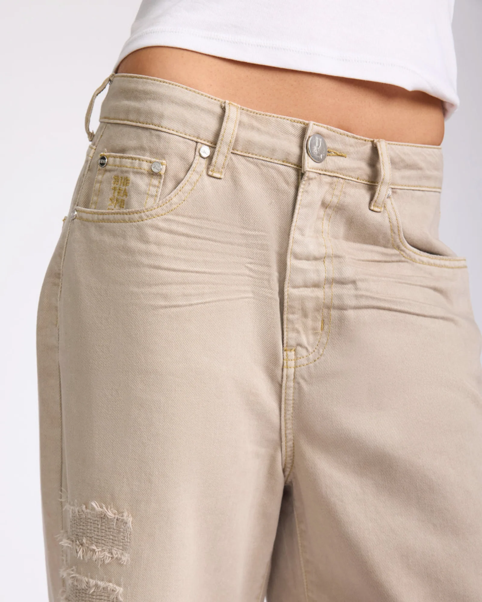 720'S Mid Waist Super Long Length Denim Jorts - Stone - Image 7