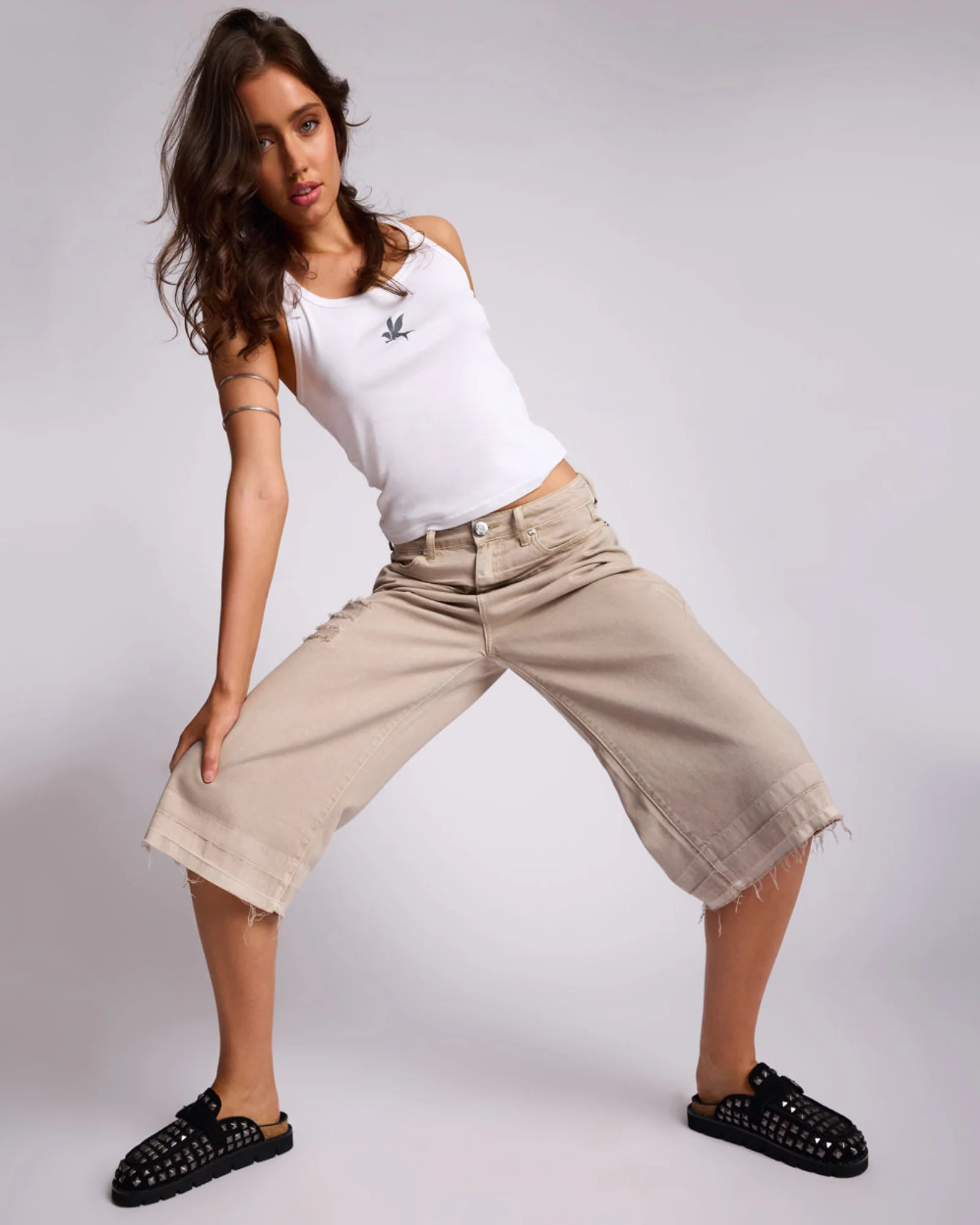 720'S Mid Waist Super Long Length Denim Jorts - Stone - Image 9