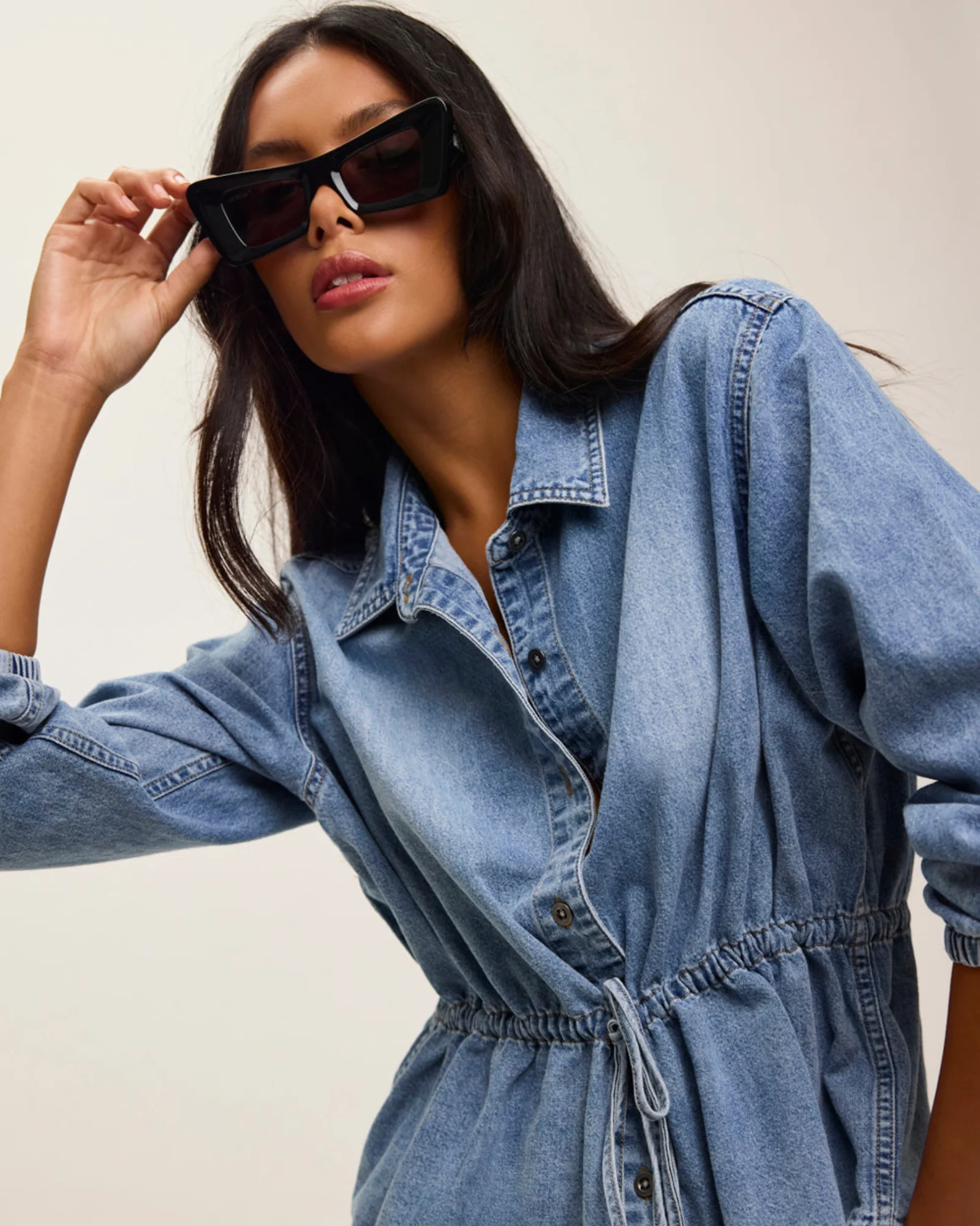 Drawstring Denim Shirt - Washed Blue - Image 10