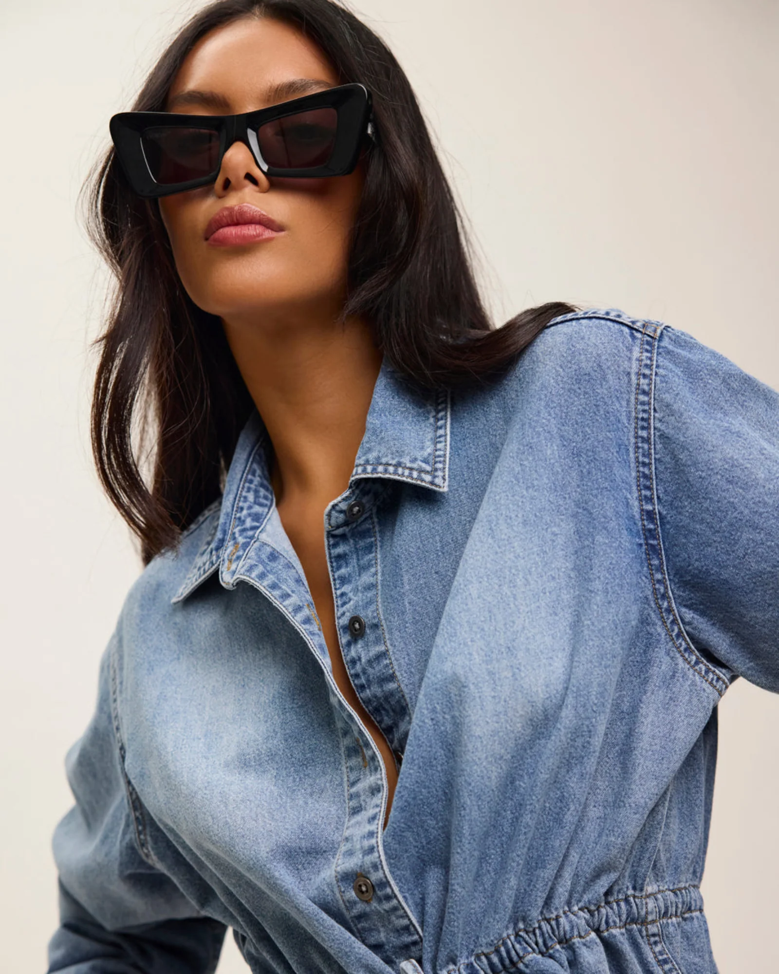 Drawstring Denim Shirt - Washed Blue - Image 11