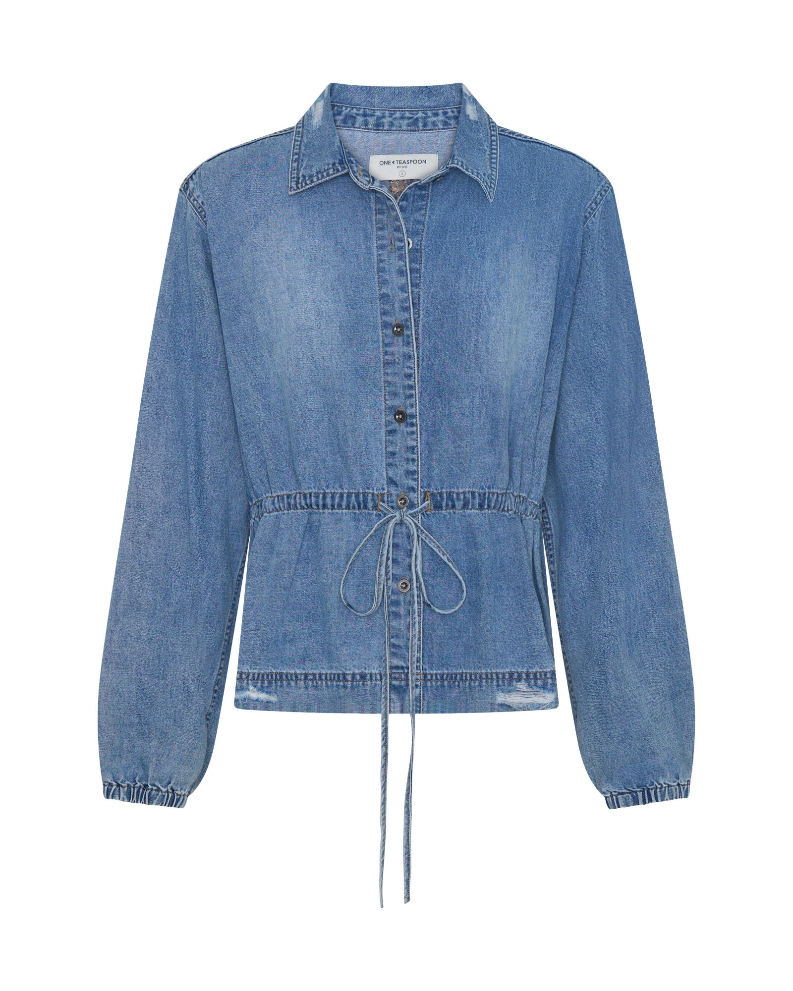 Drawstring Denim Shirt - Washed Blue - Image 12