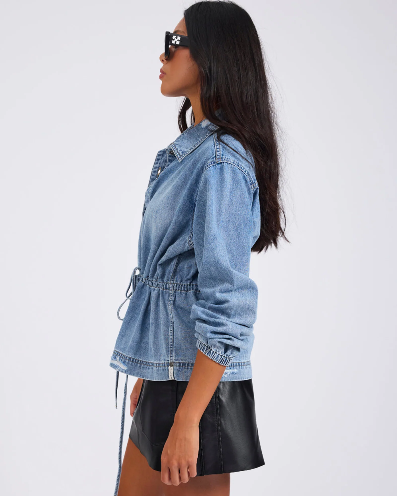 Drawstring Denim Shirt - Washed Blue - Image 5