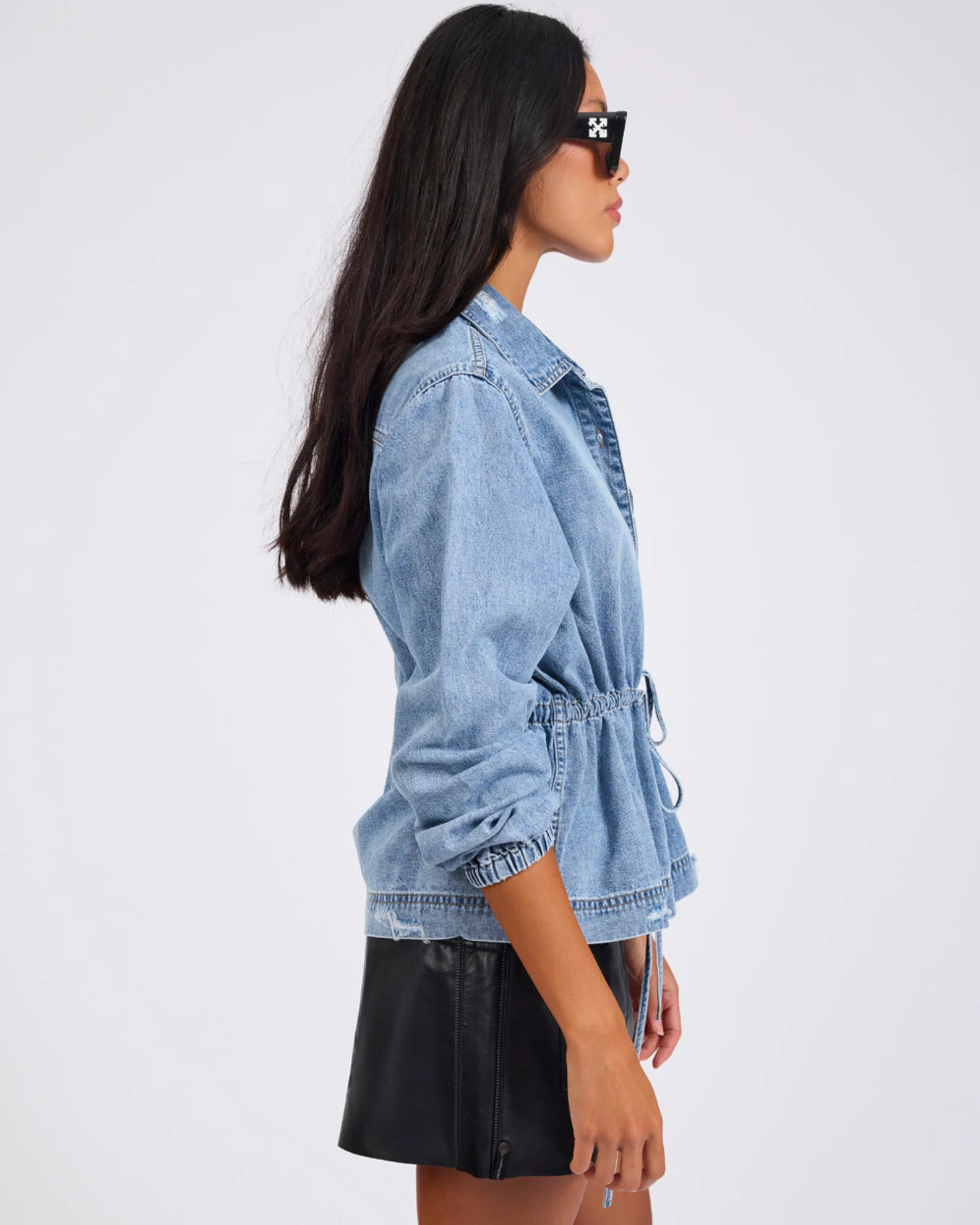 Drawstring Denim Shirt - Washed Blue - Image 7