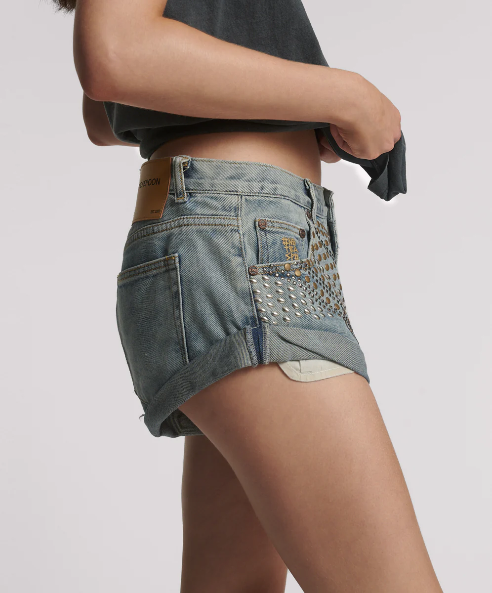 Bandits Low Waist Embellished Denim Shorts - Dusty Road Blue - Image 7