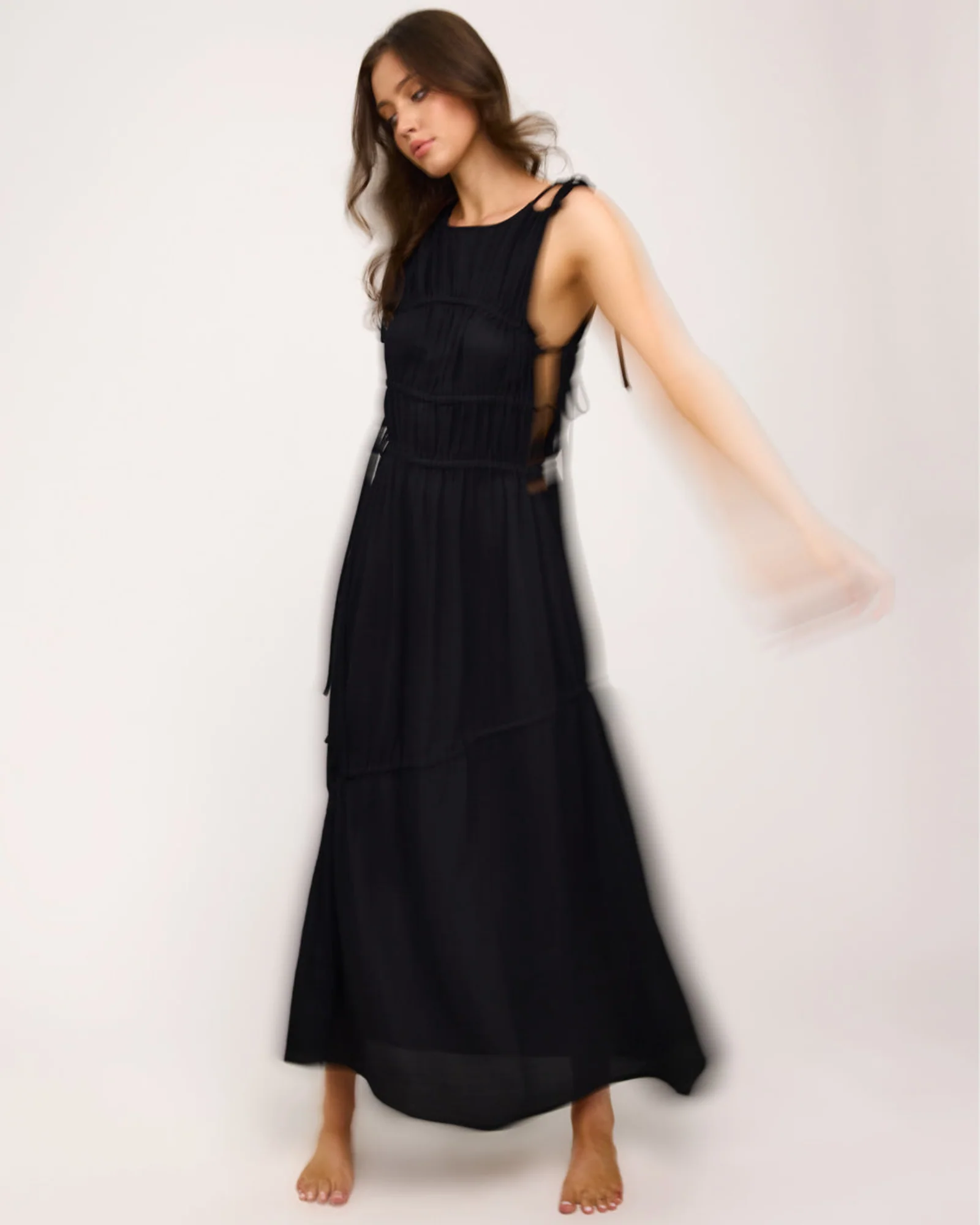 Evelyn Gathered Ruched Maxi Dress - Black - Image 11