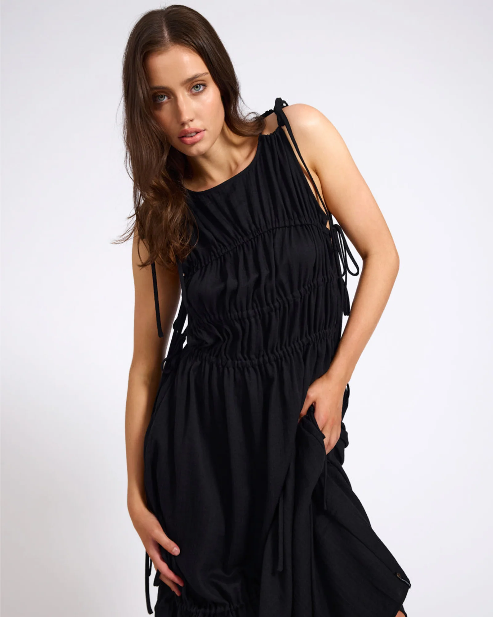 Evelyn Gathered Ruched Maxi Dress - Black - Image 4